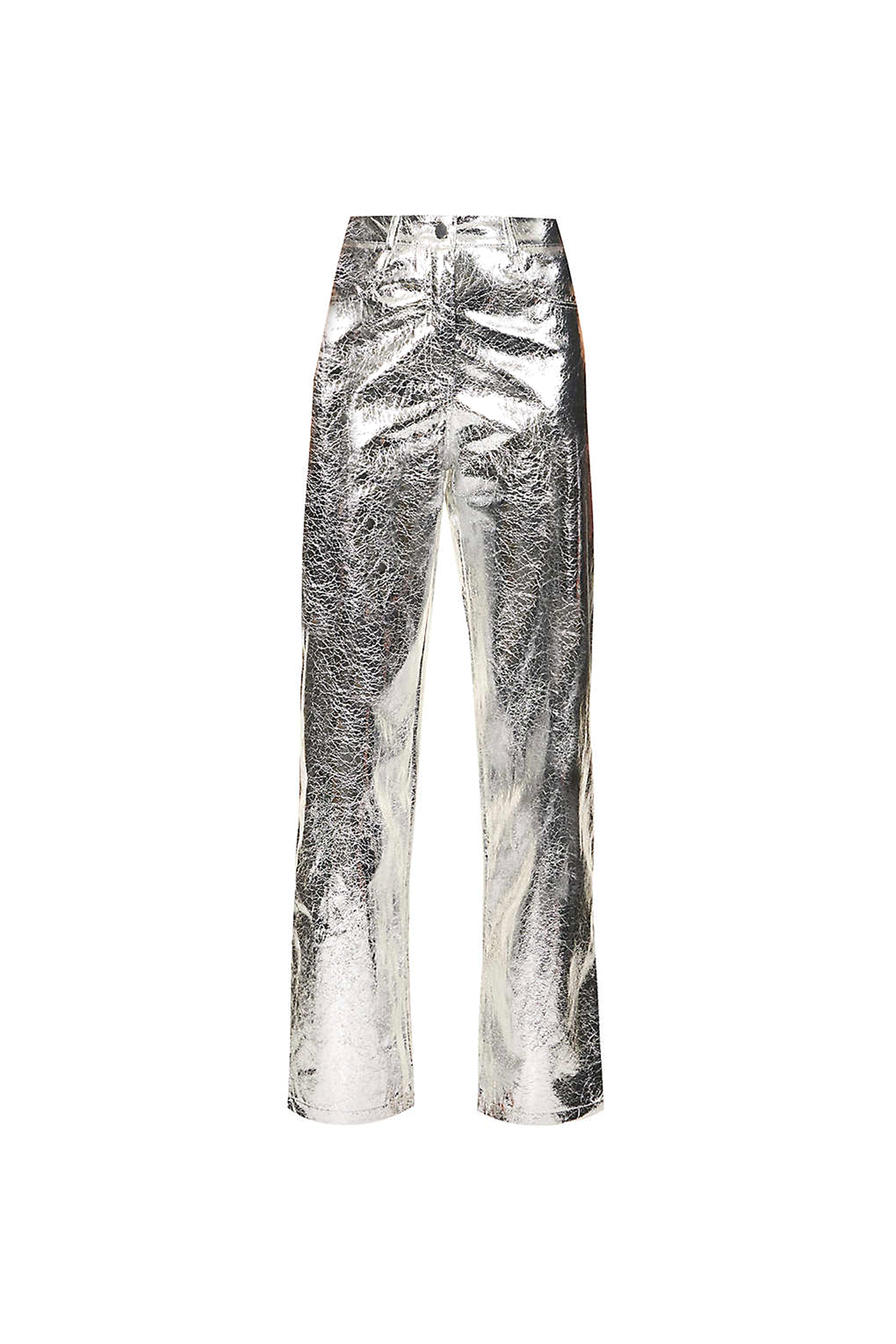 Lupe Silver Metallic Straight Leg High Rise Faux Leather Textured Trousers Amylynn