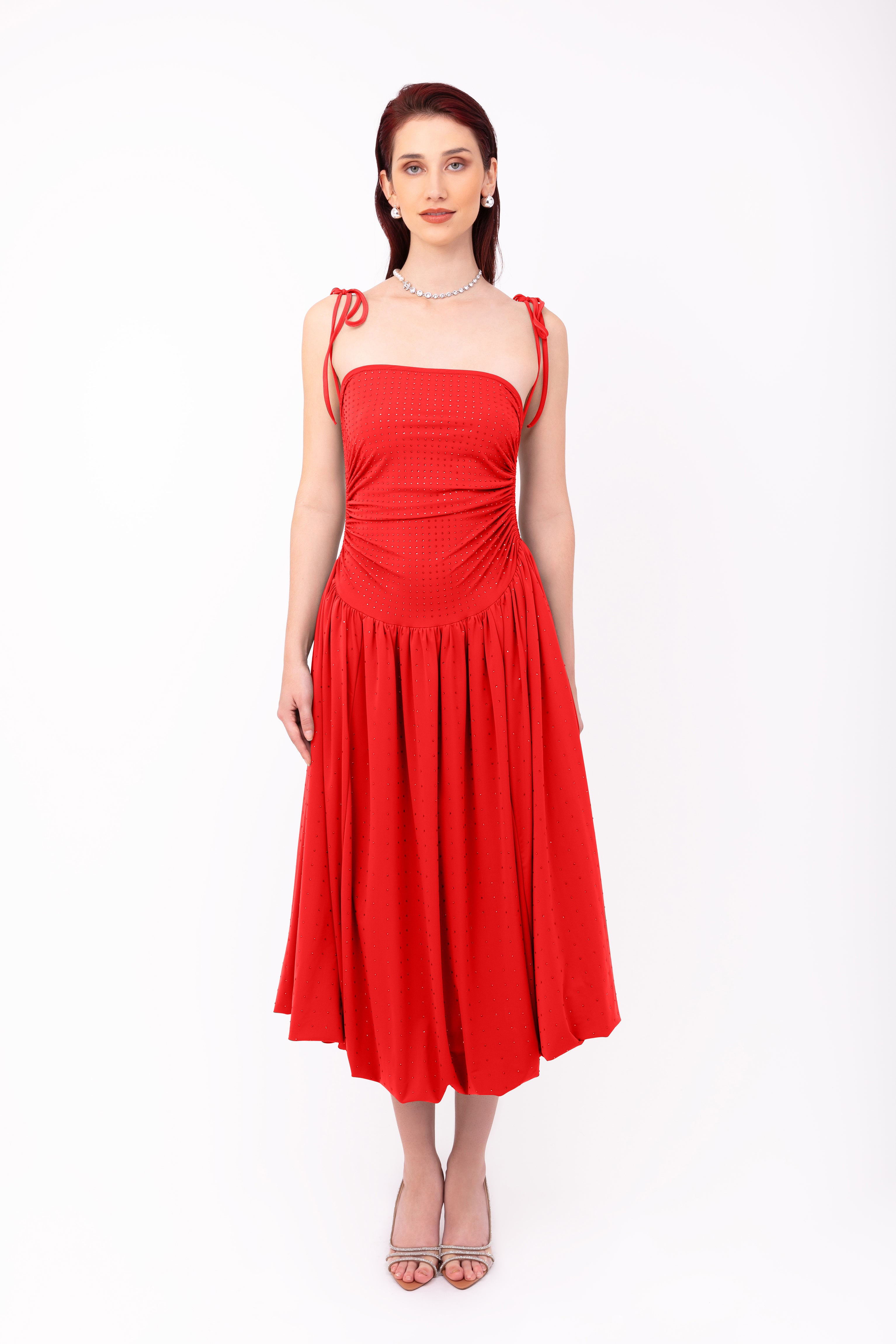 Alexa Cherry Red Rhinestone Embellished Puffball Dress