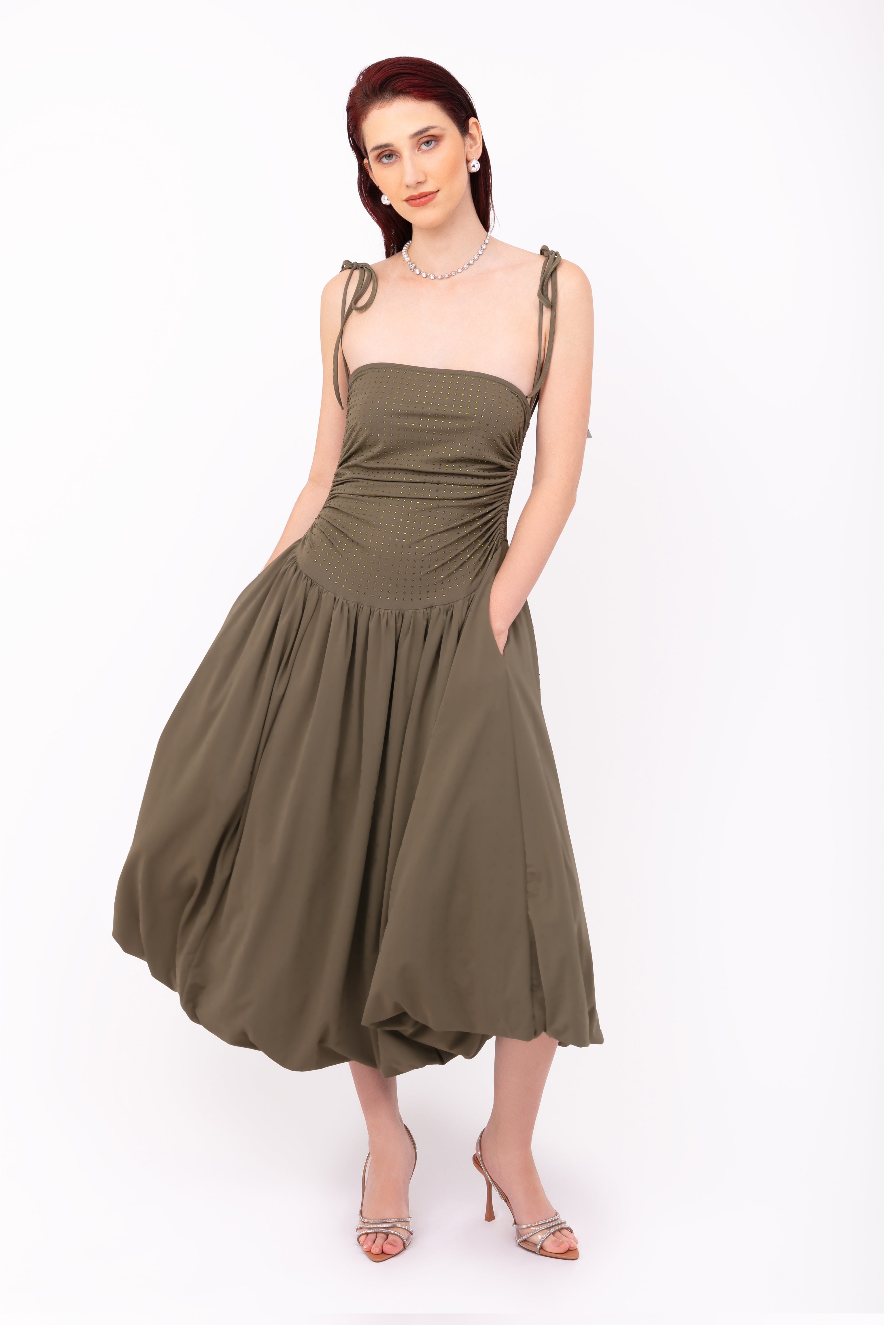 Alexa Khaki Rhinestone Embellished Puffball Dress