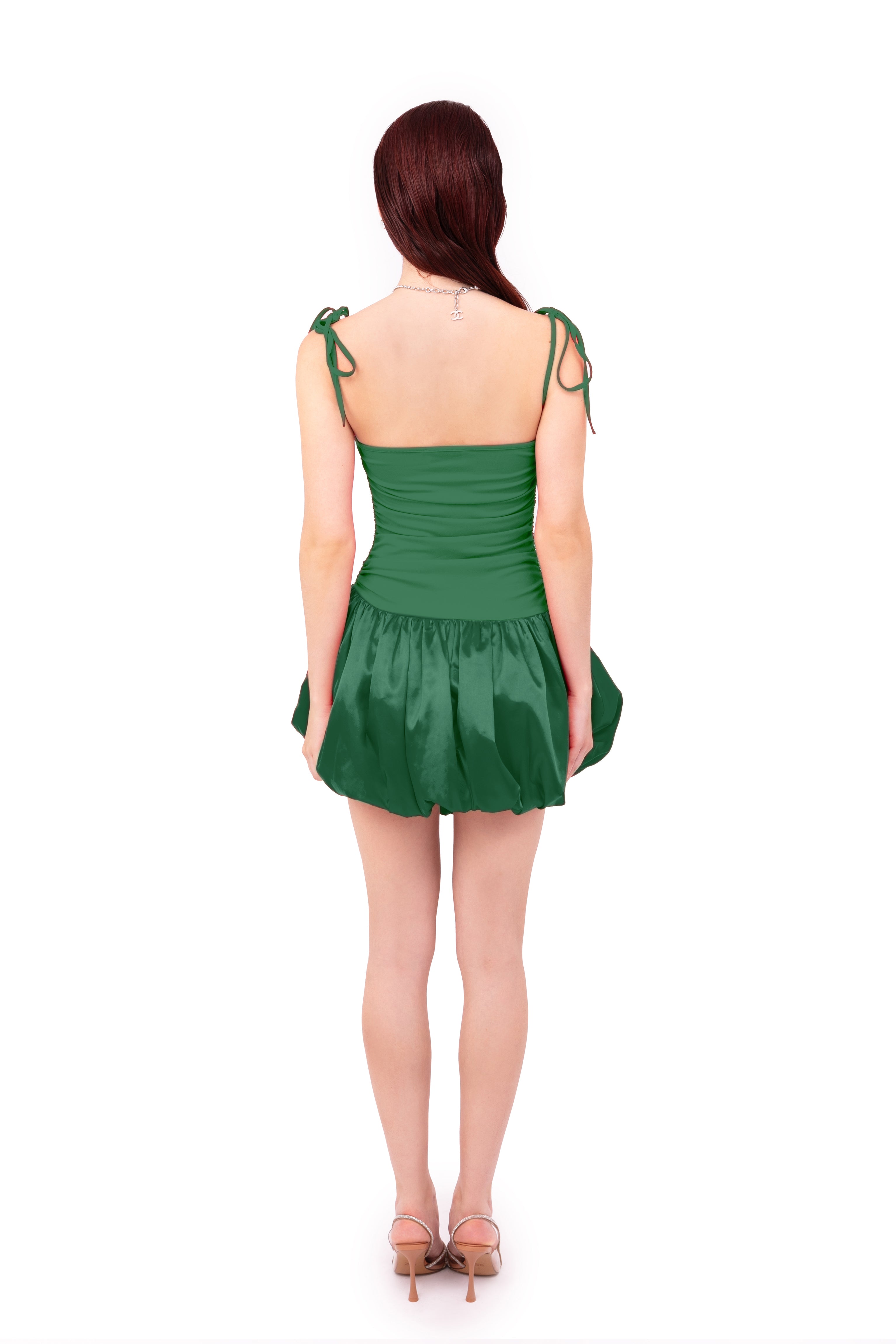 Alexa Emerald Green Satin Puffball Ultra Mini Dress