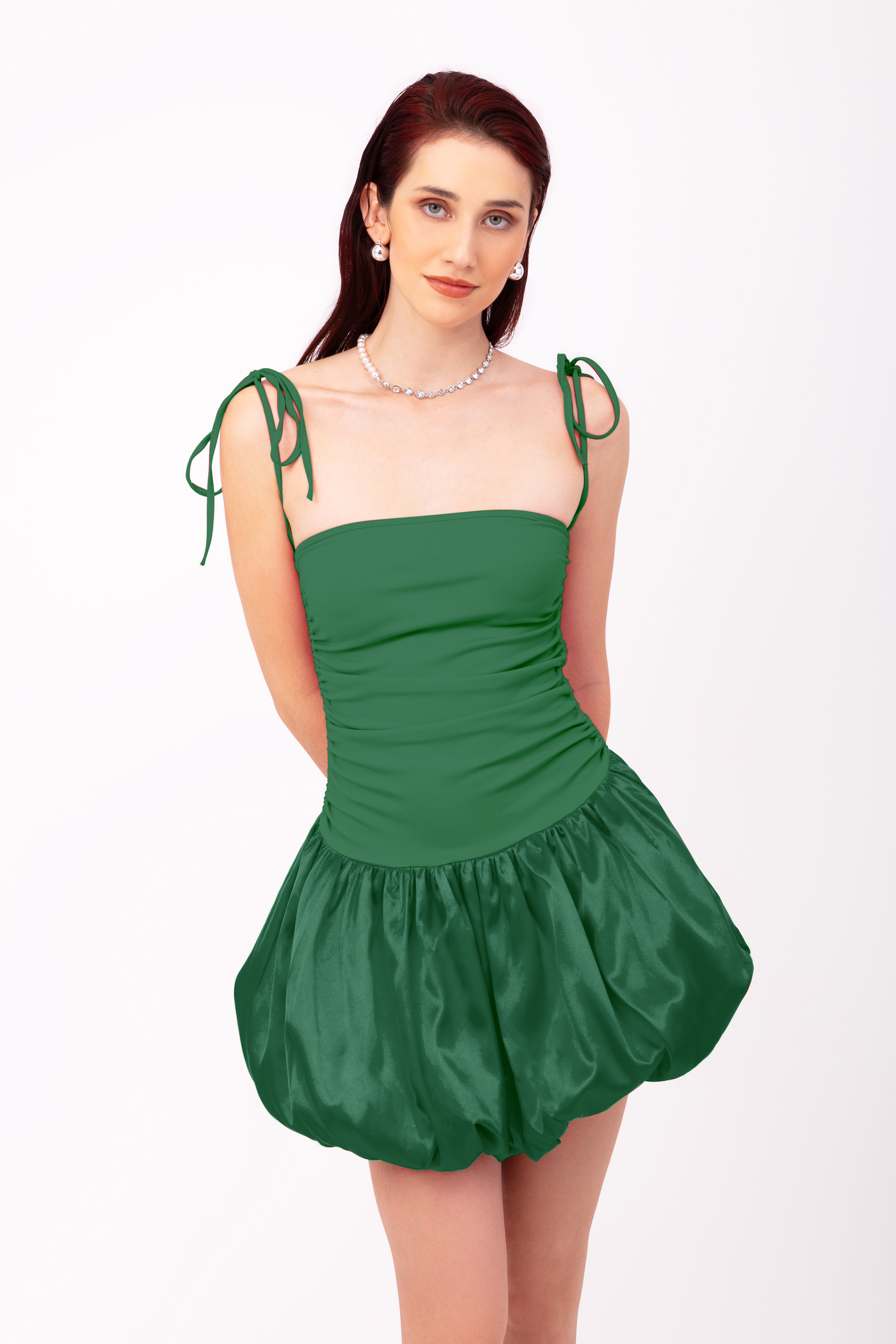 Alexa Emerald Green Satin Puffball Ultra Mini Dress