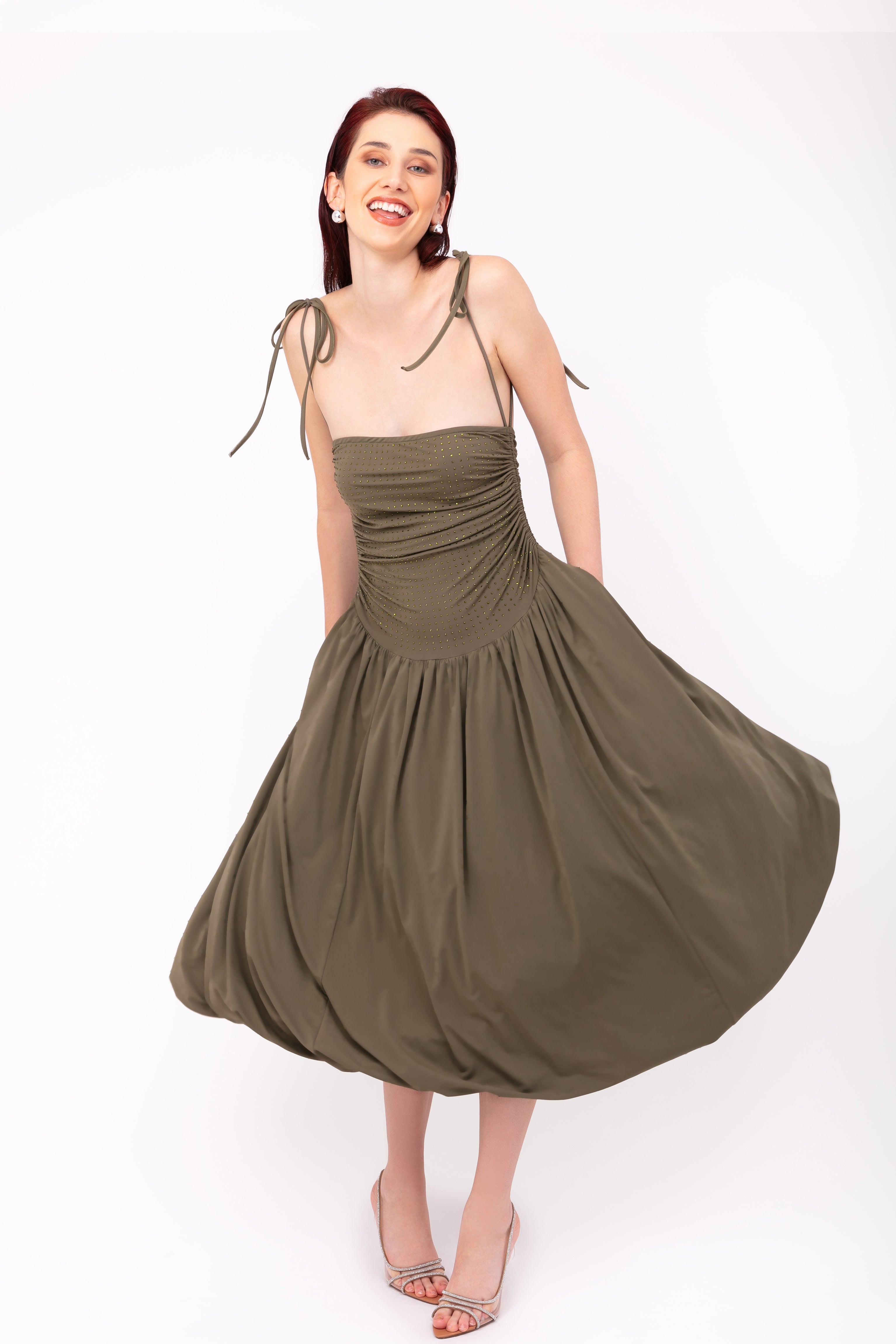 Alexa Khaki Embellished Puffball Dress