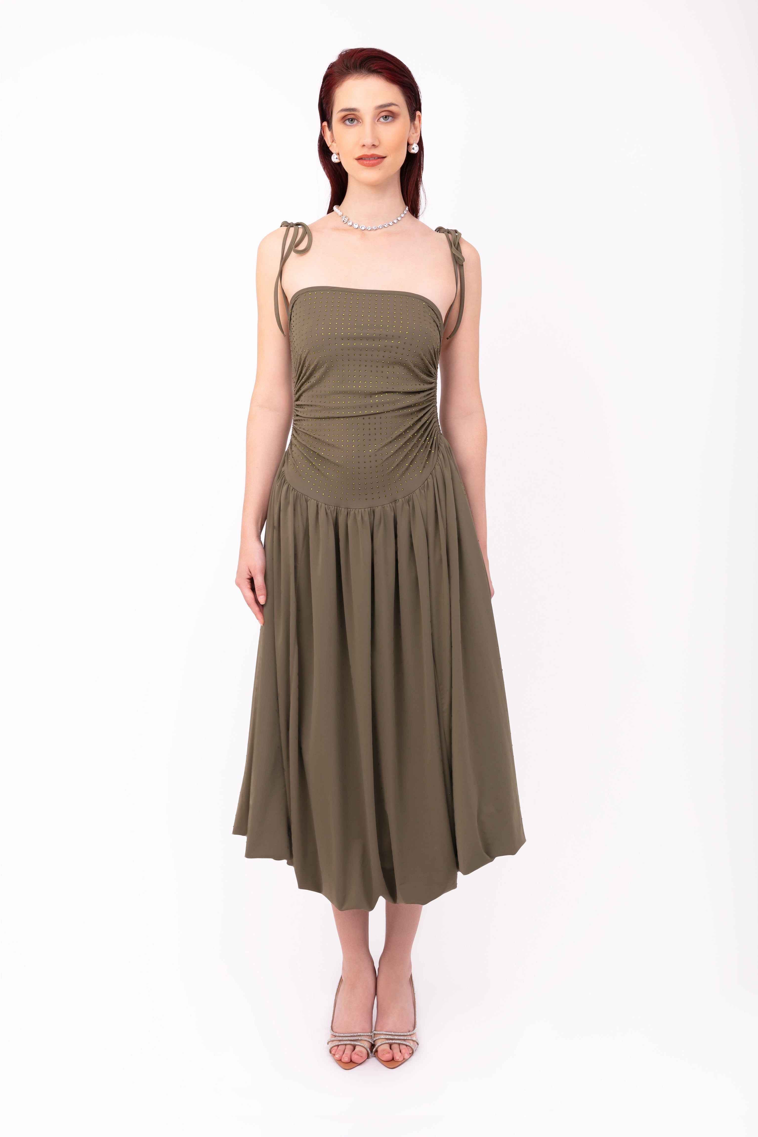 Alexa Khaki Rhinestone Embellished Puffball Dress