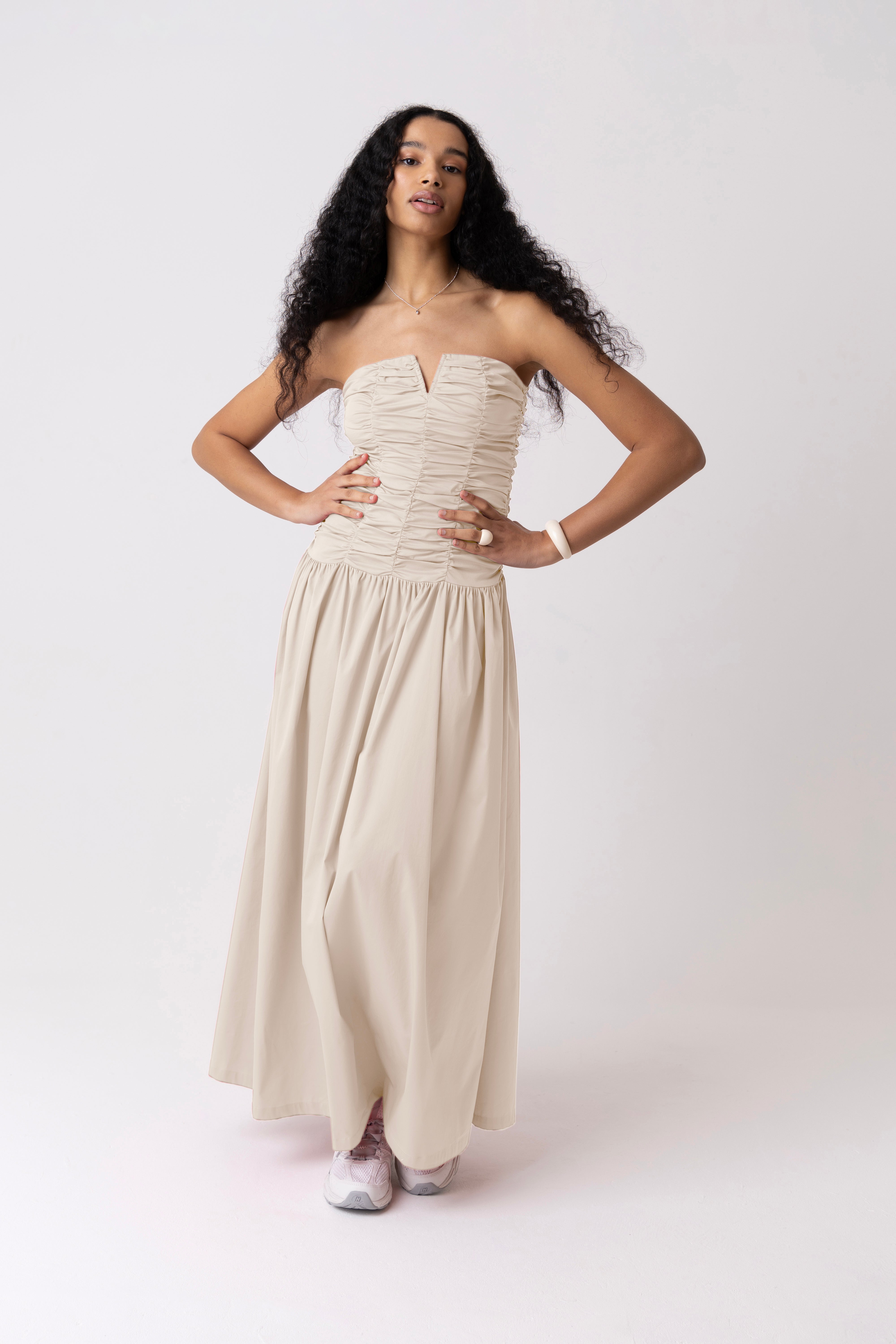 Shyla Milk Ruched Column Bardot Maxi Dress