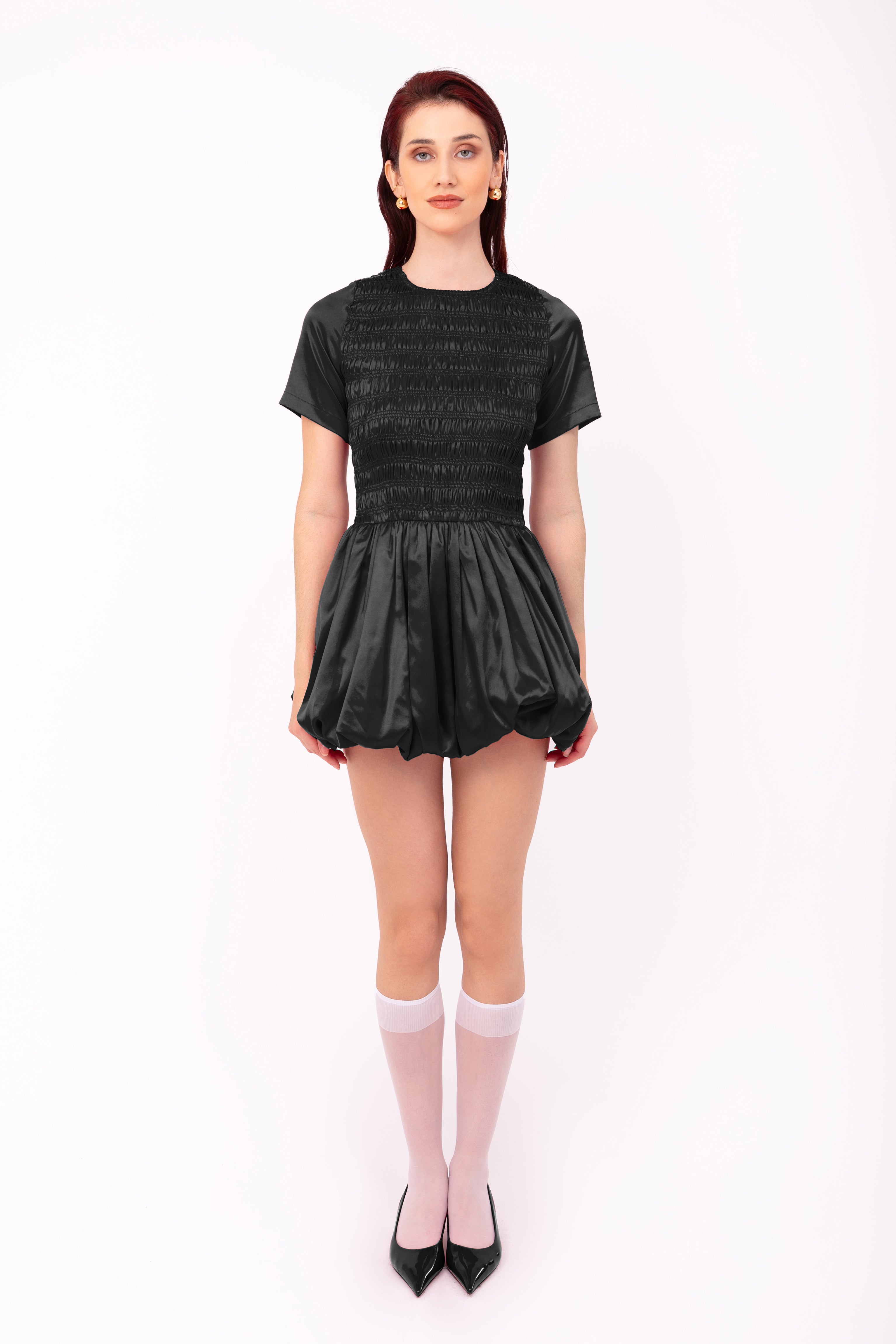 Elenor Black Satin Puffball Ultra Mini Dress