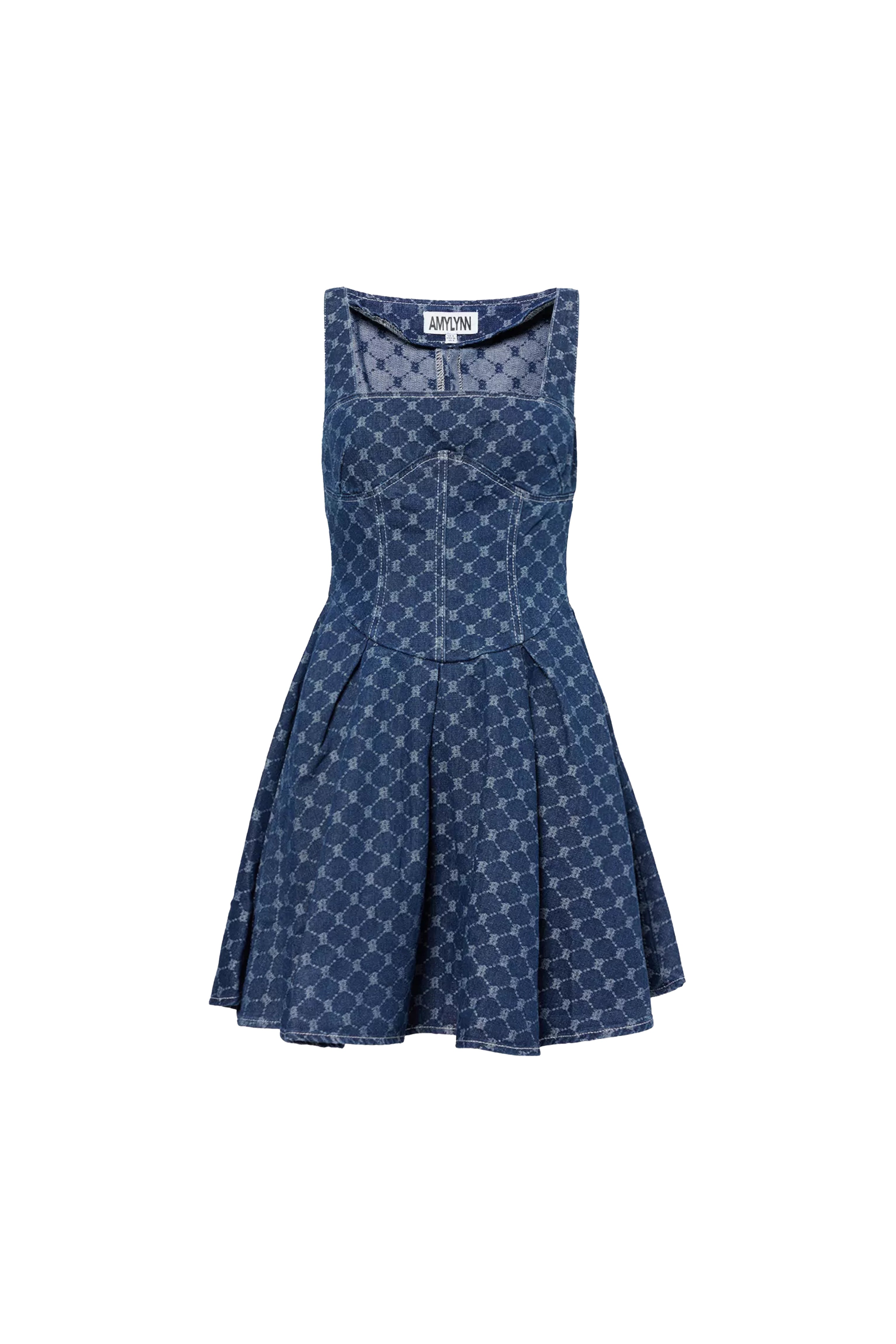 Remi Geo-Print Denim Mini Dress with Pleated Skater Skirt | AMYLYNN