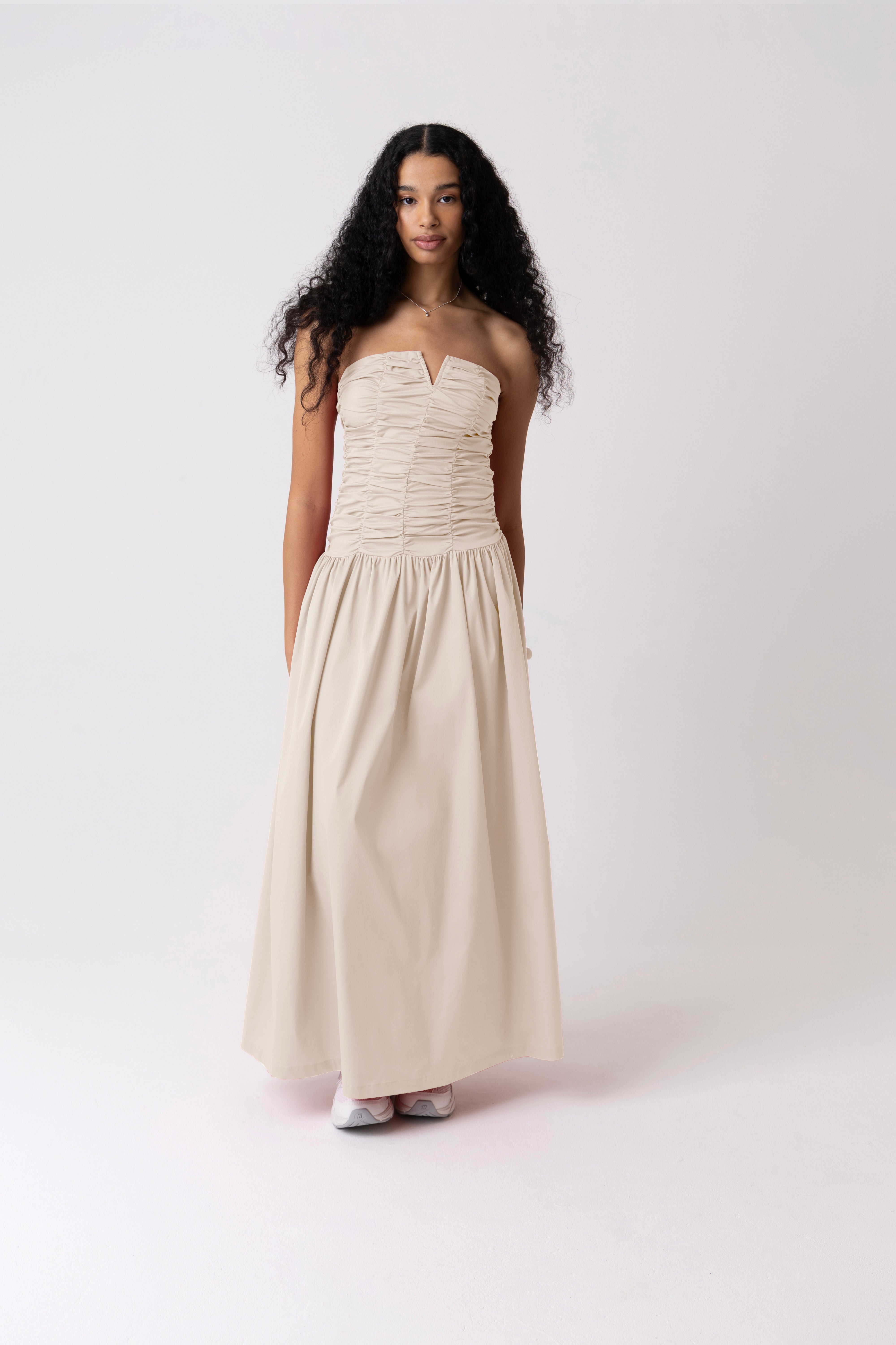 Shyla Milk Ruched Column Bardot Maxi Dress