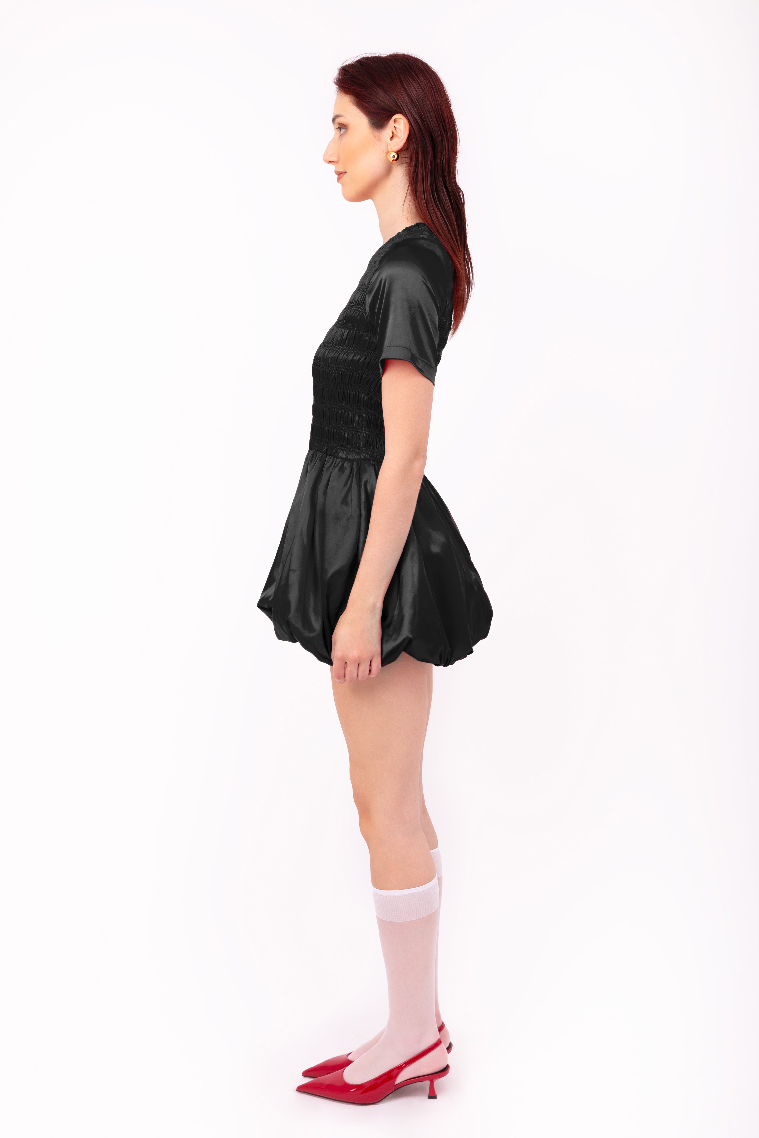 Eleanor Black Satin Puffball Ultra Mini Dress