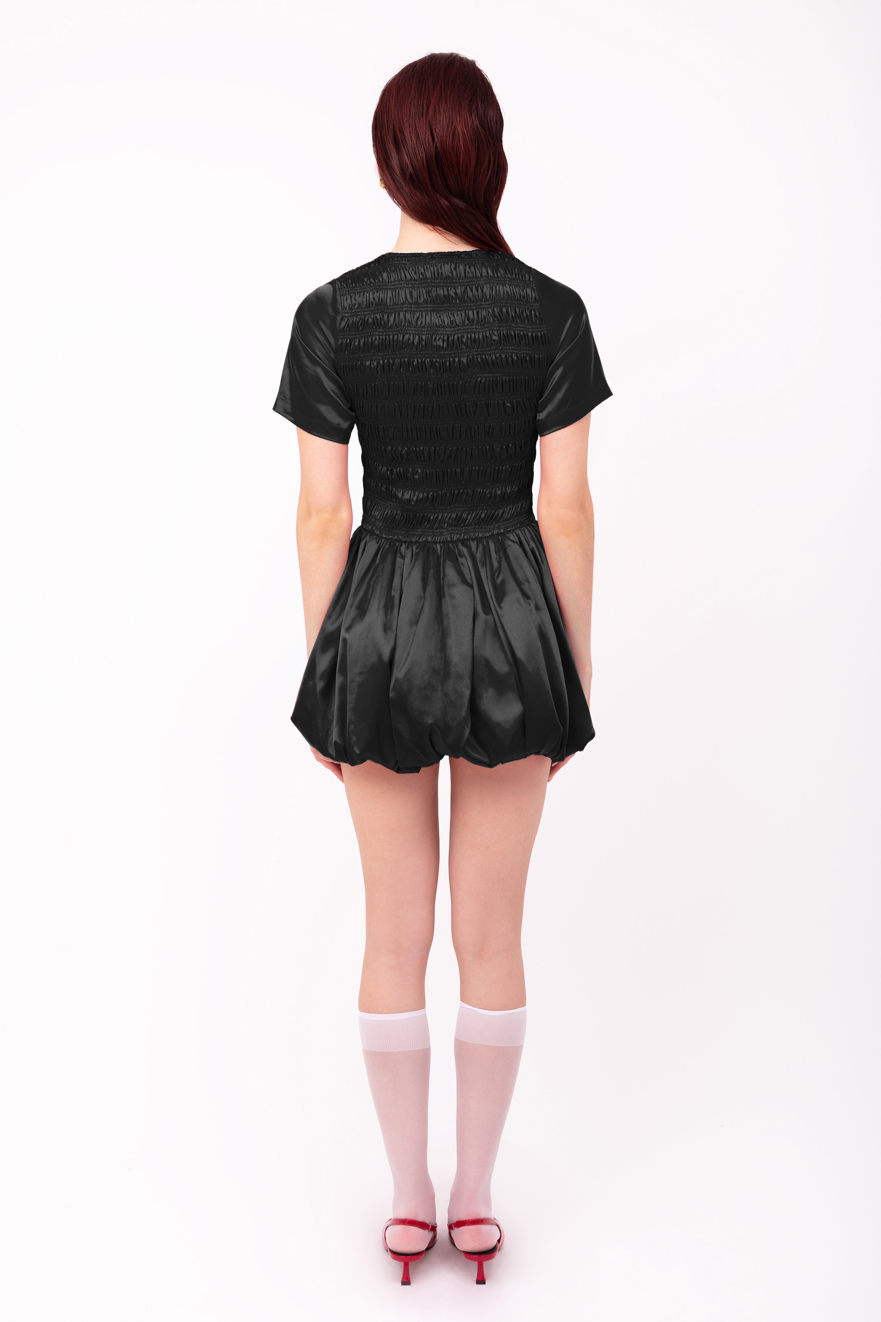 Eleanor Black Satin Puffball Ultra Mini Dress