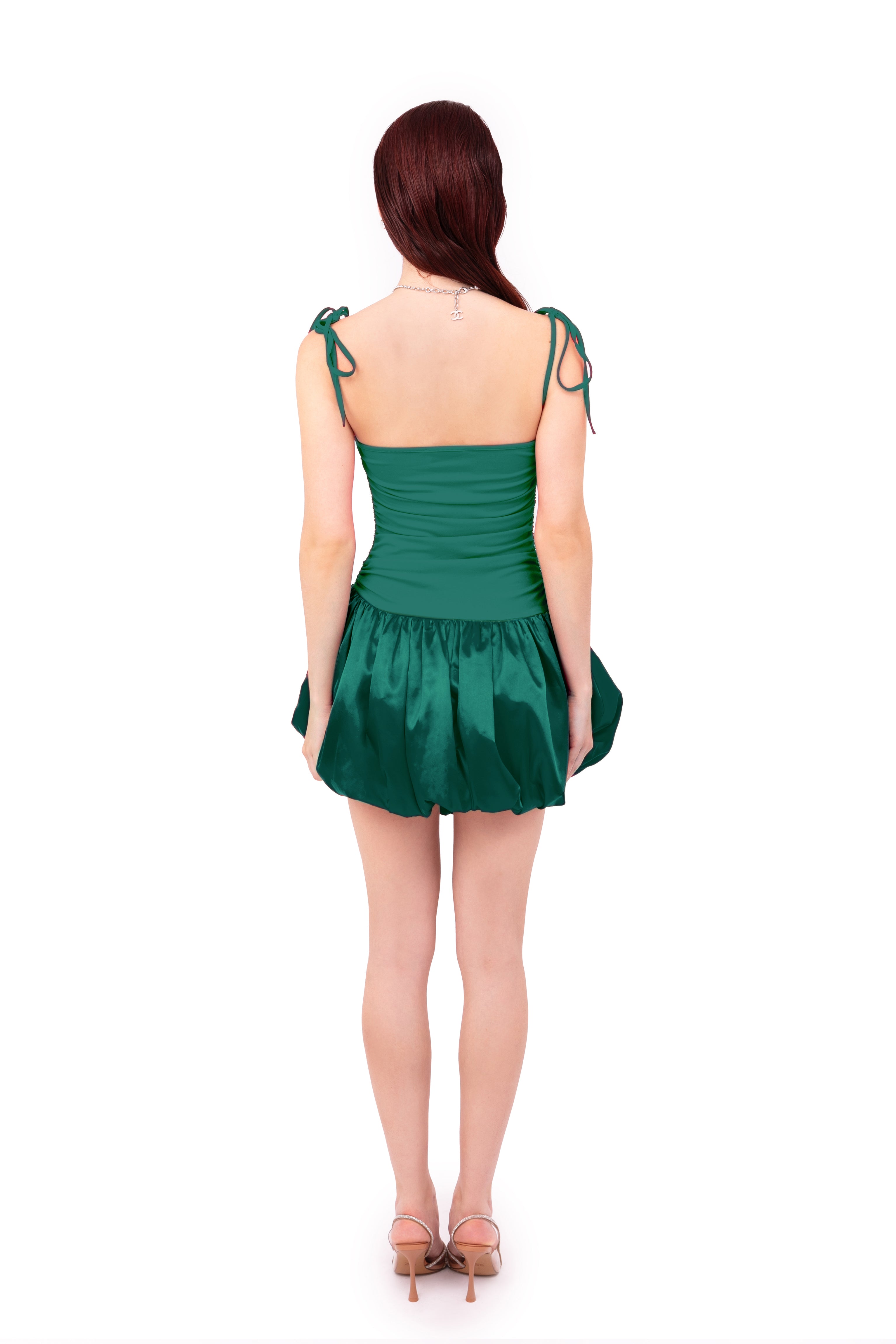 Alexa Emerald Green Satin Puffball Ultra Mini Dress