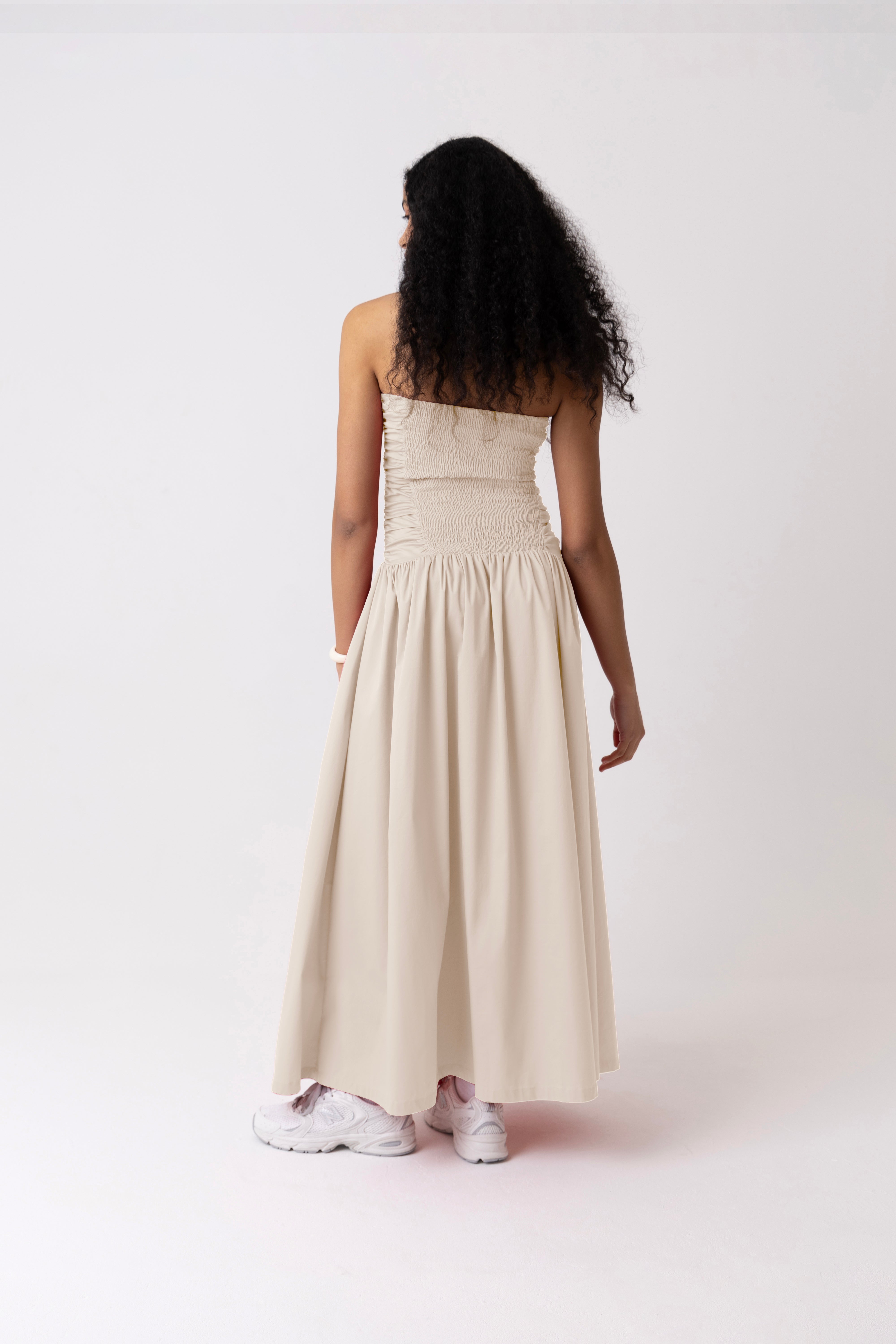 Shyla Milk Ruched Column Bardot Maxi Dress