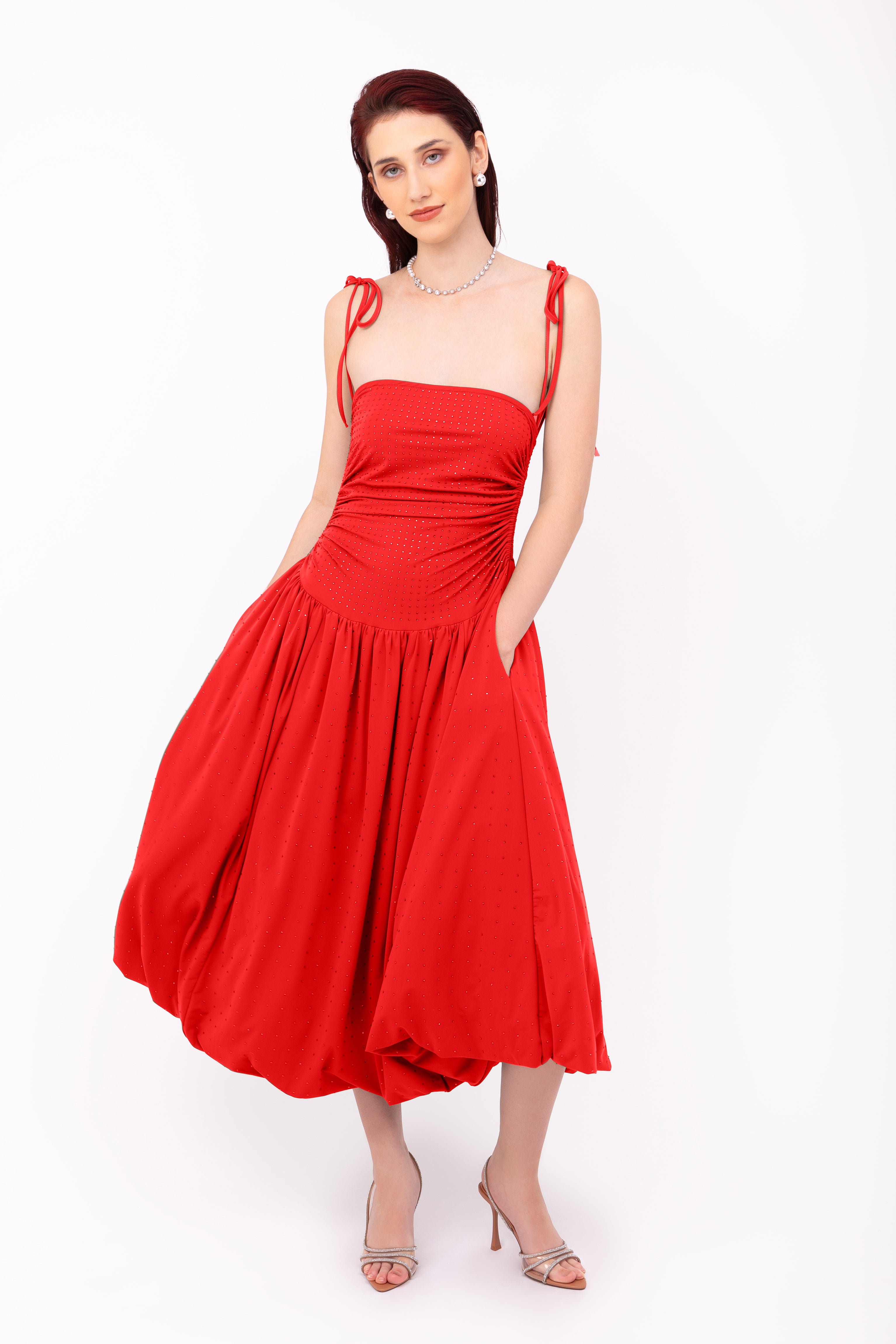 Alexa Red Embellished Puffball Dress