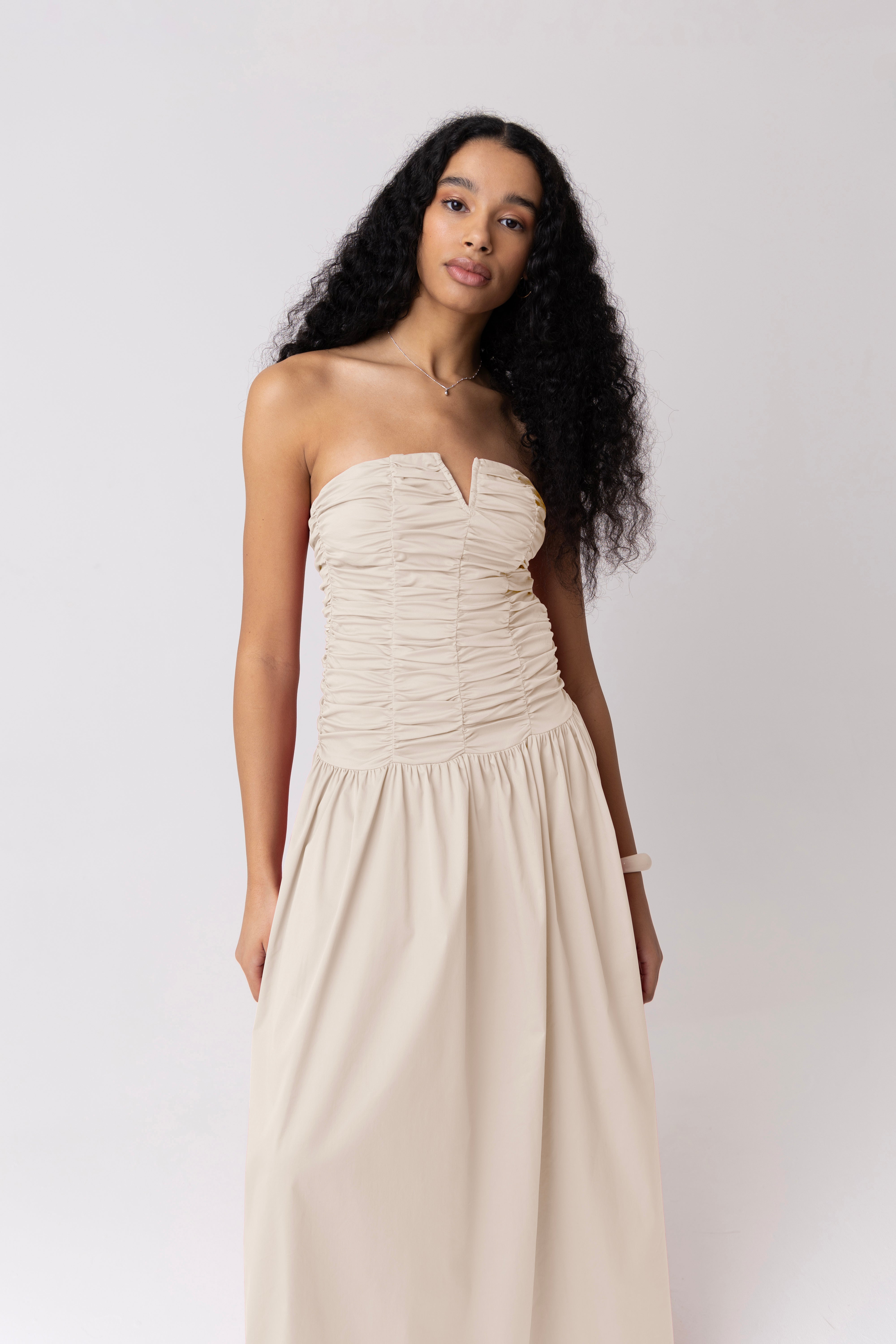 Shyla Milk Ruched Column Bardot Maxi Dress