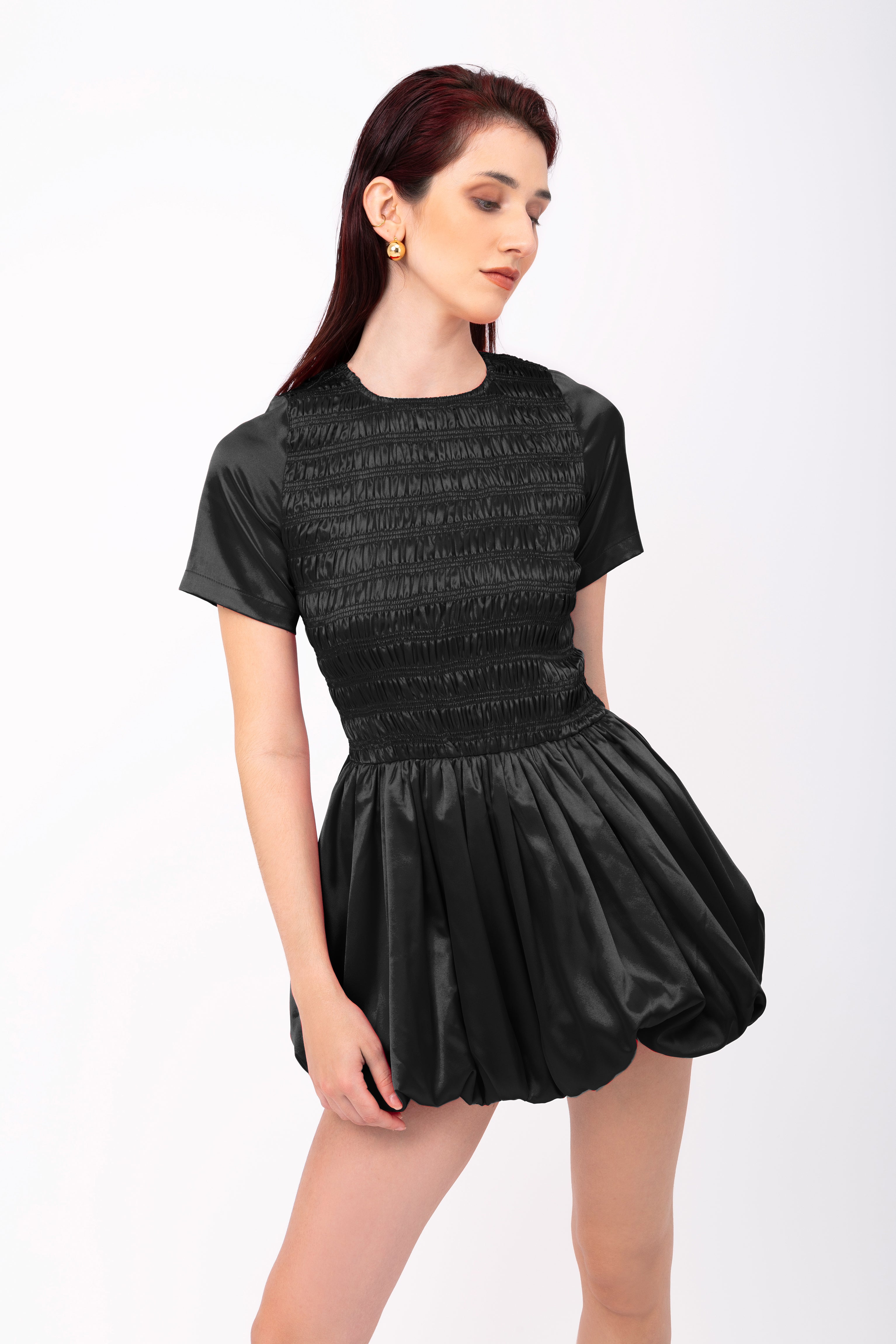 Elenor Black Satin Puffball Ultra Mini Dress