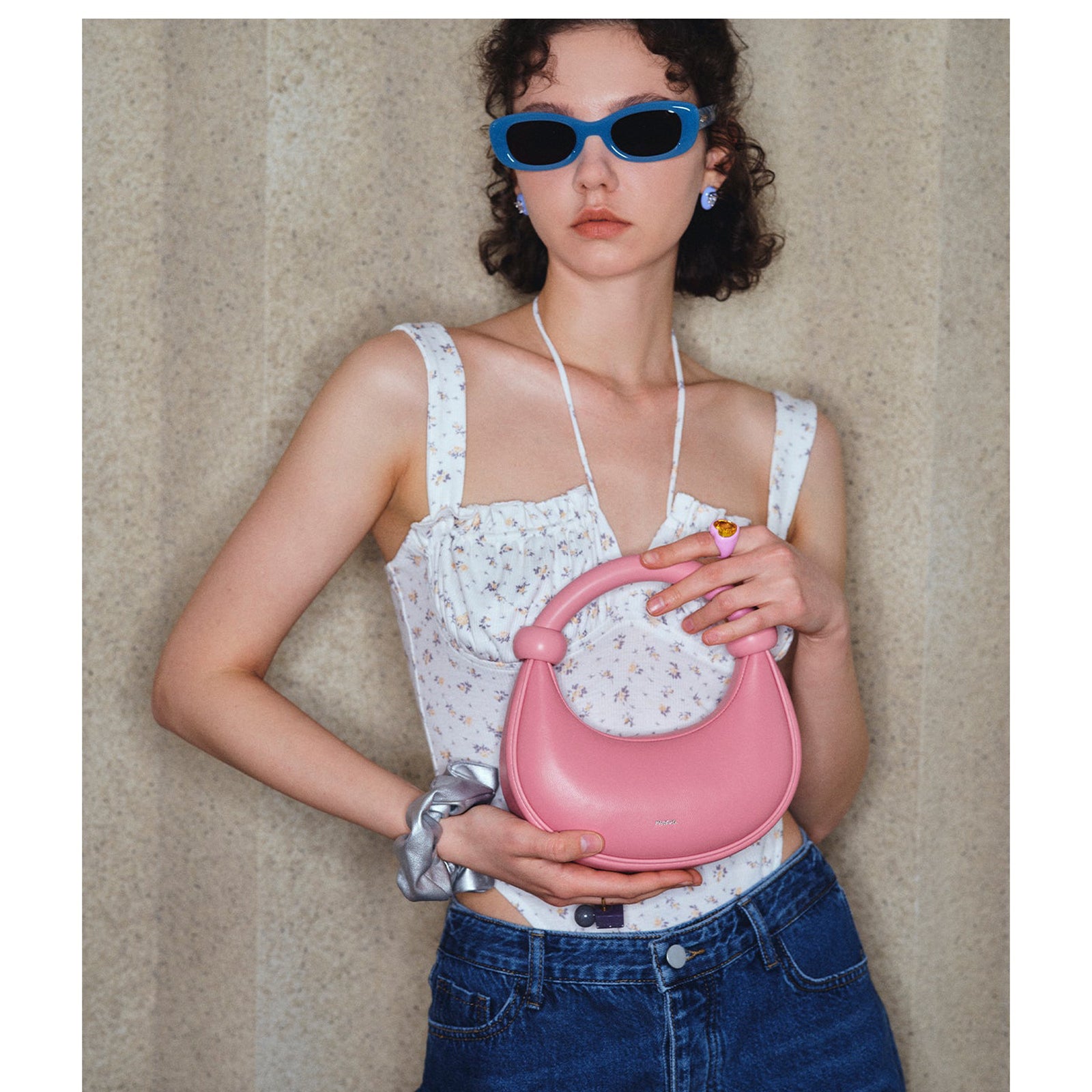 Kyoto Rose Pink Leather Crossbody Crescent Bag