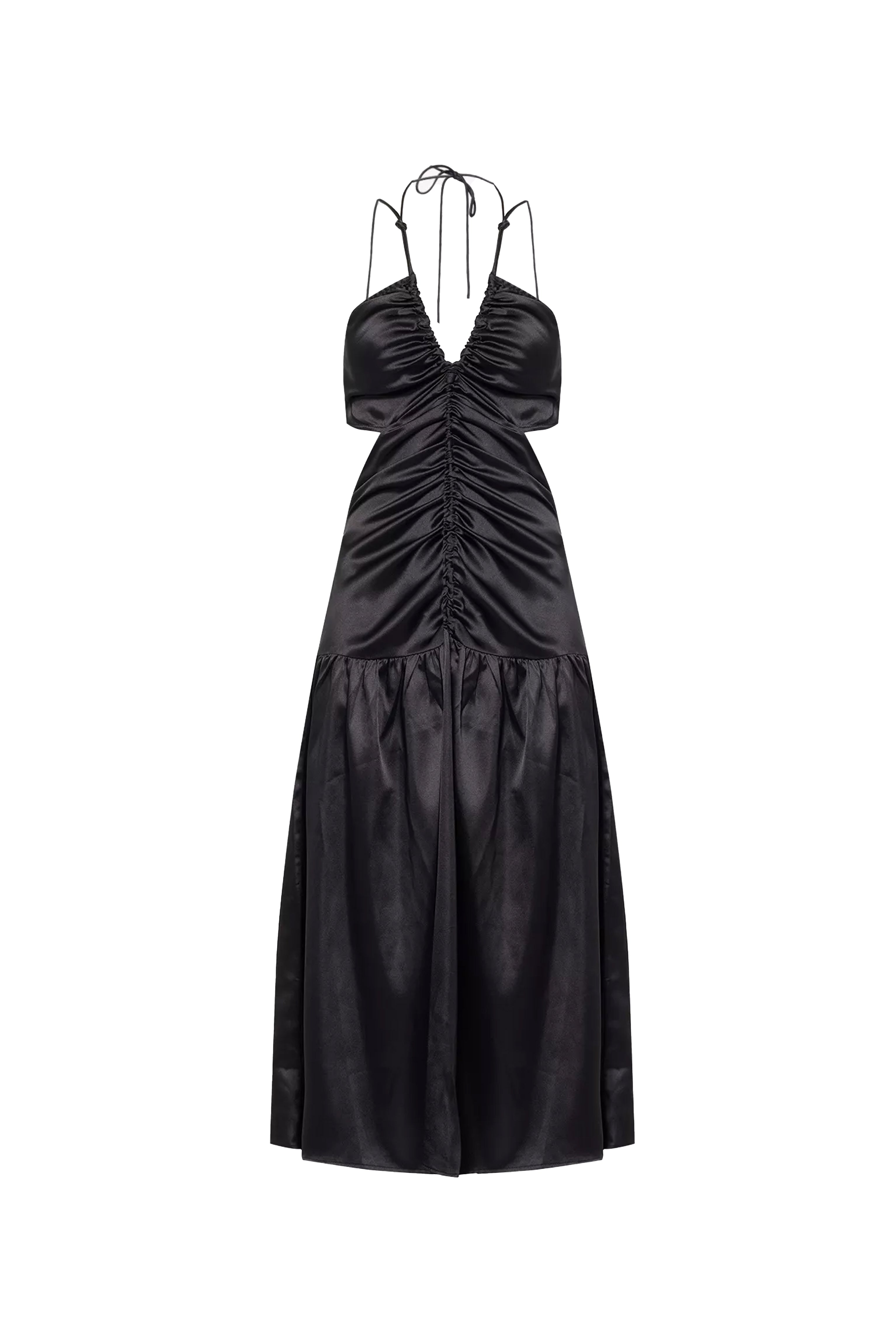 Freya Black Satin Ruched Midi Dress