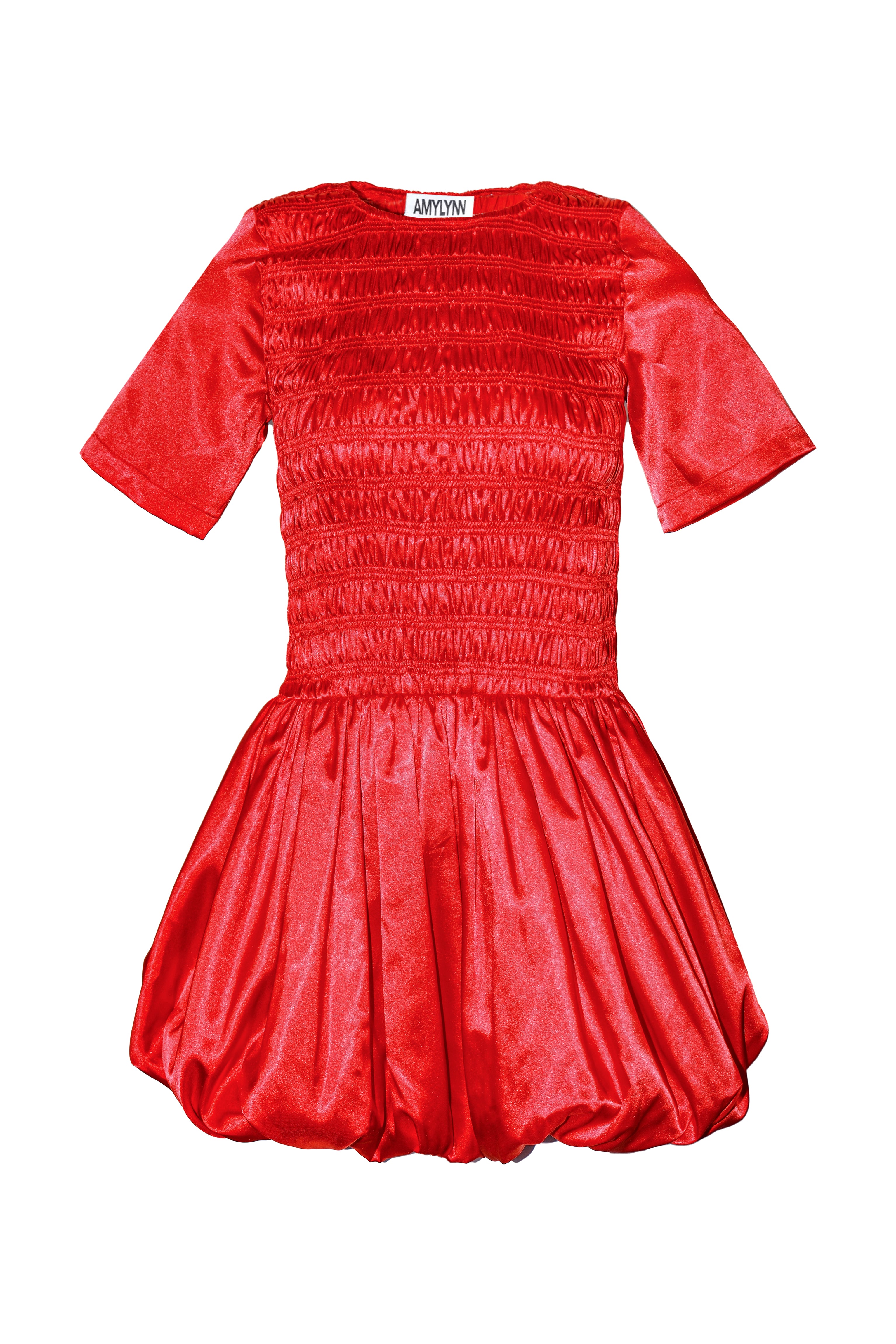 Elenor Red Satin Puffball Ultra Mini Dress