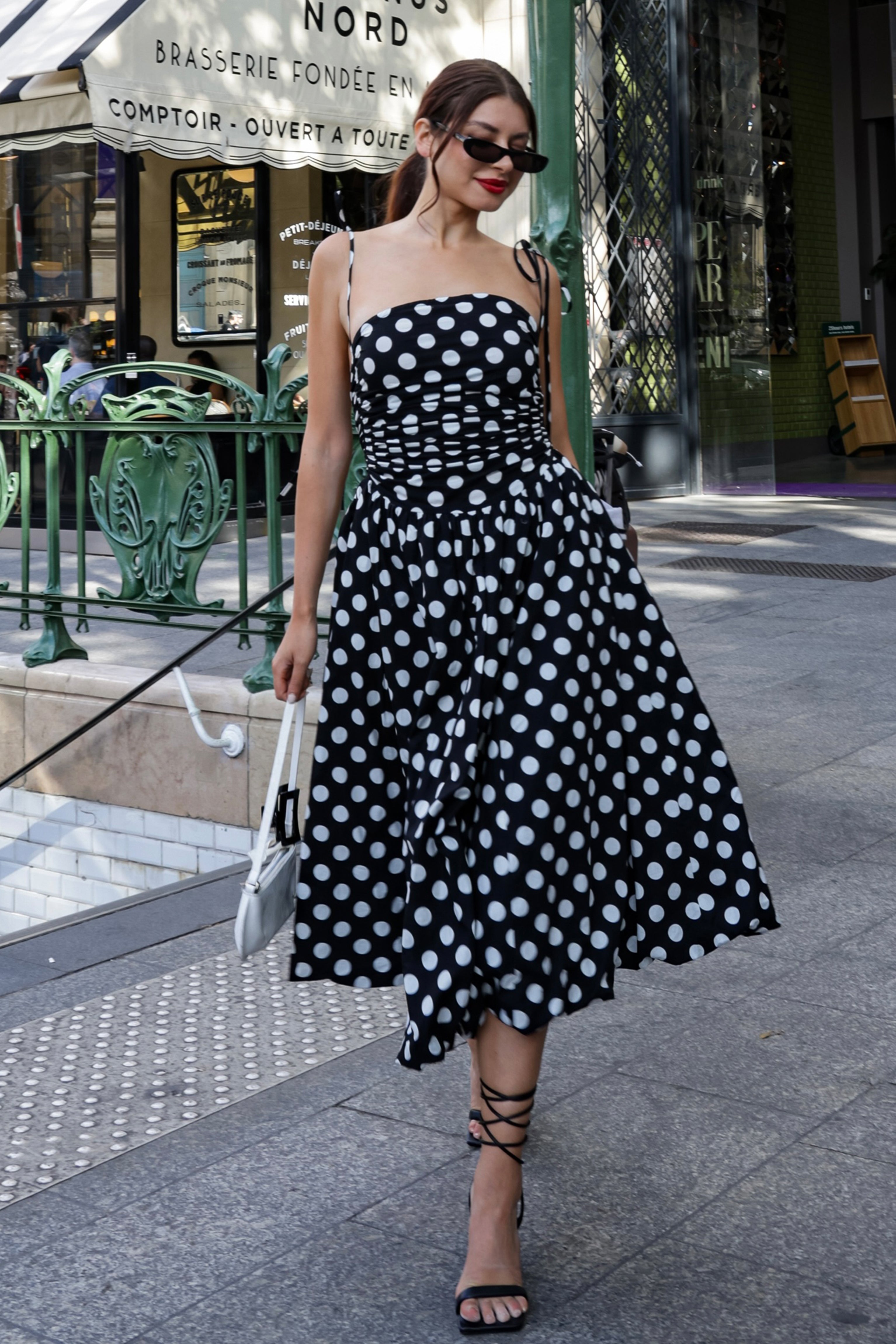 Alexa Drop-Waist Midi Dress in Mono Polka Dot  | AmyLynn