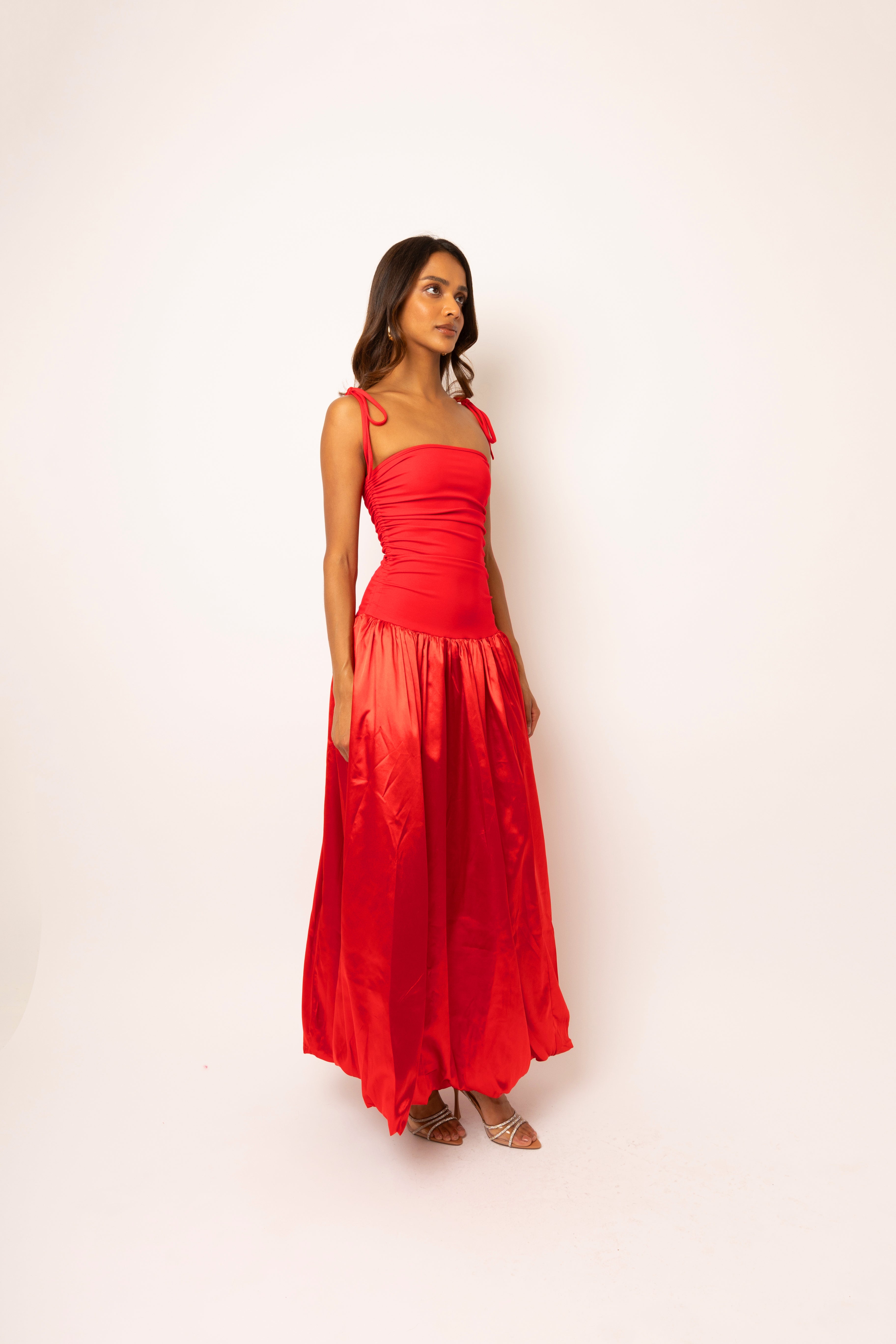 Alexa Red Satin Puffball Dress