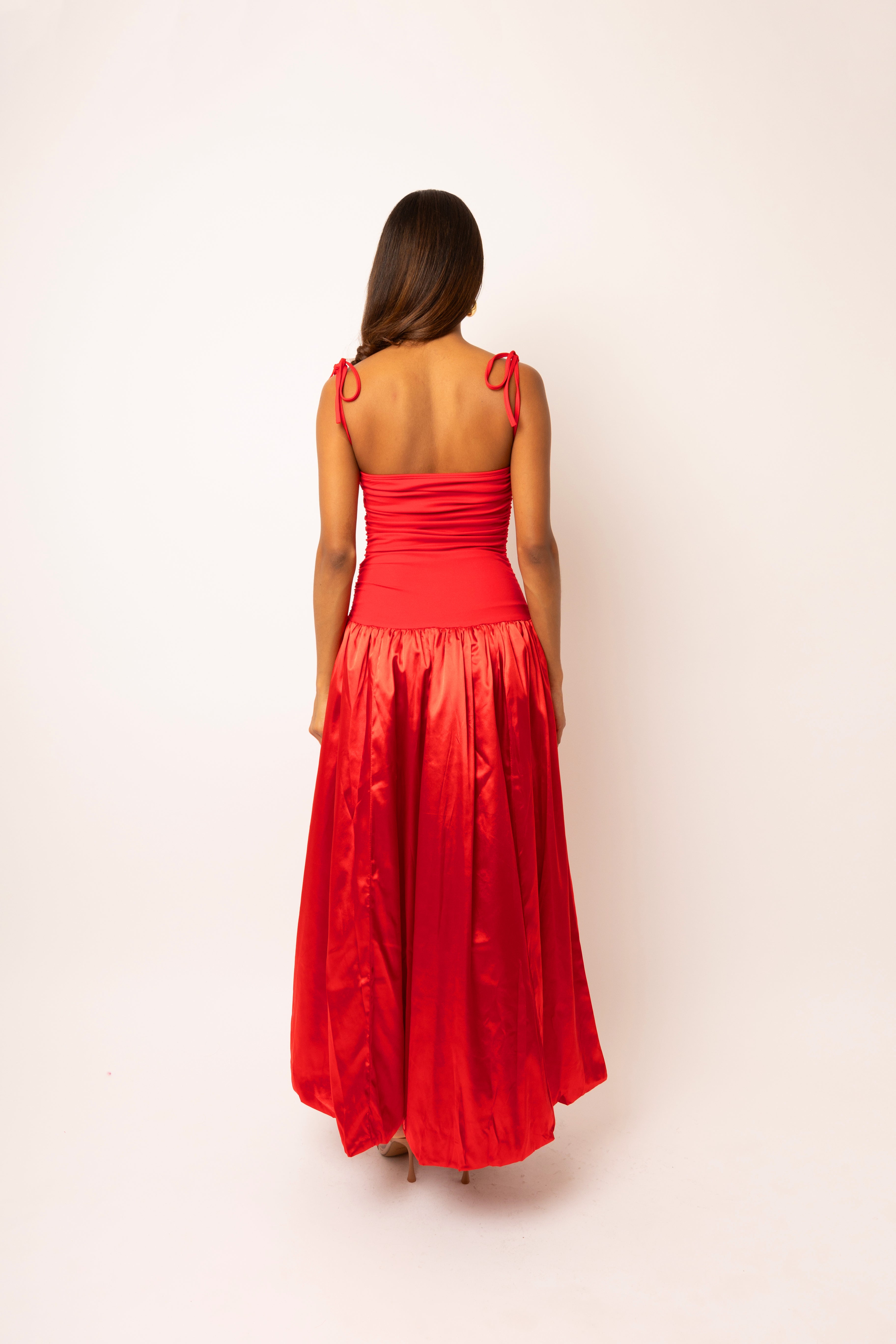 Alexa Red Satin Puffball Dress