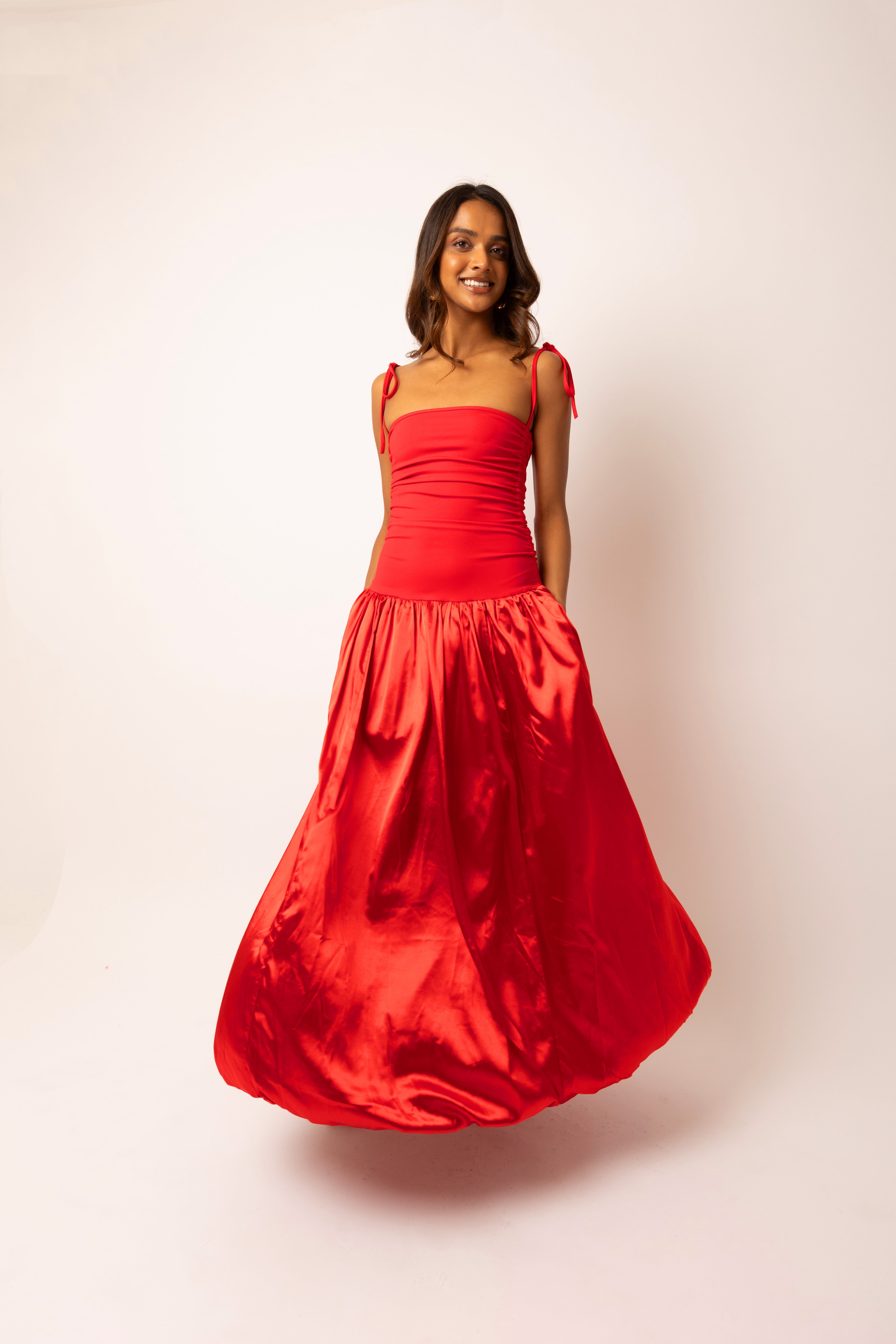 Alexa Red Satin Puffball Dress