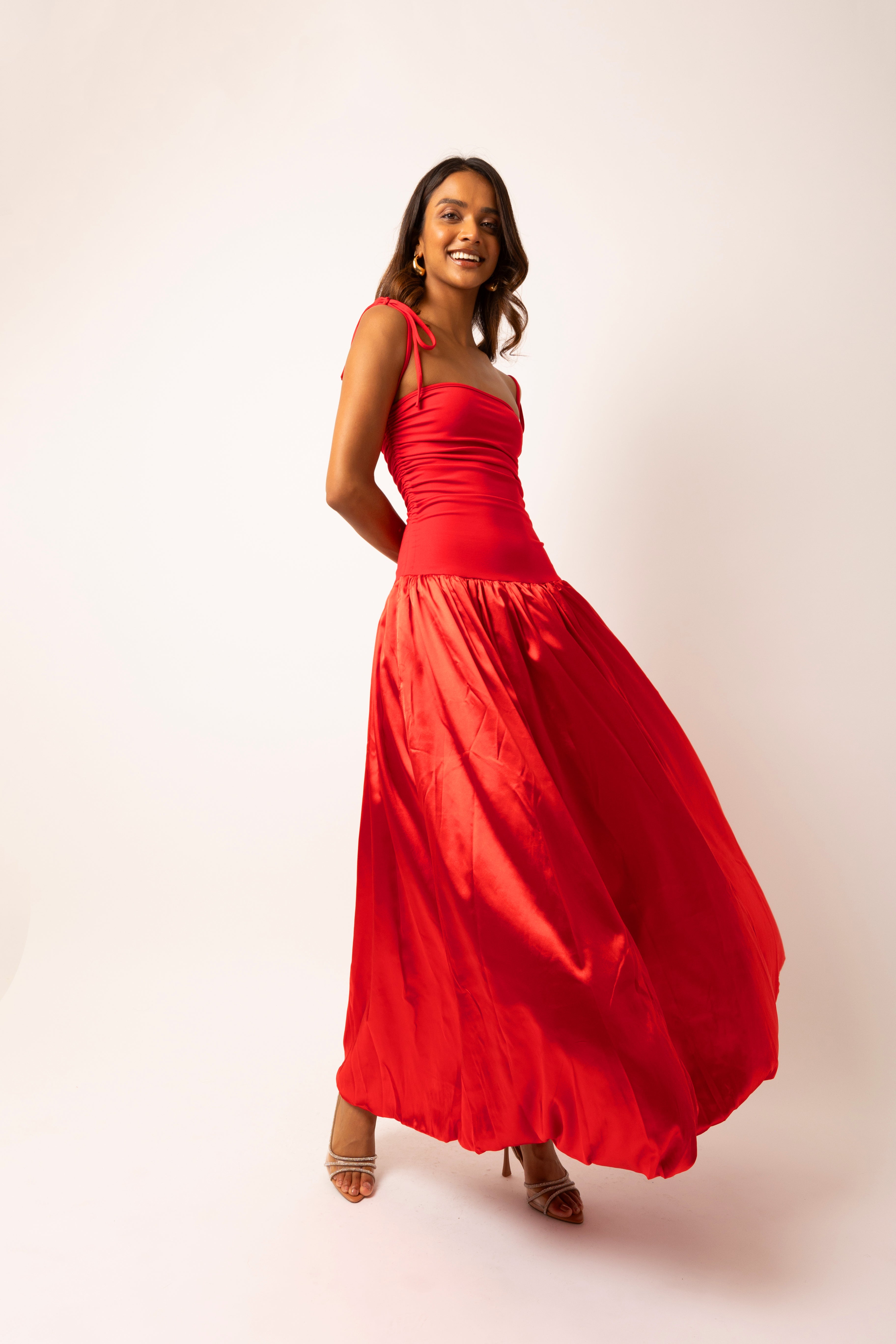 Alexa Red Satin Puffball Dress