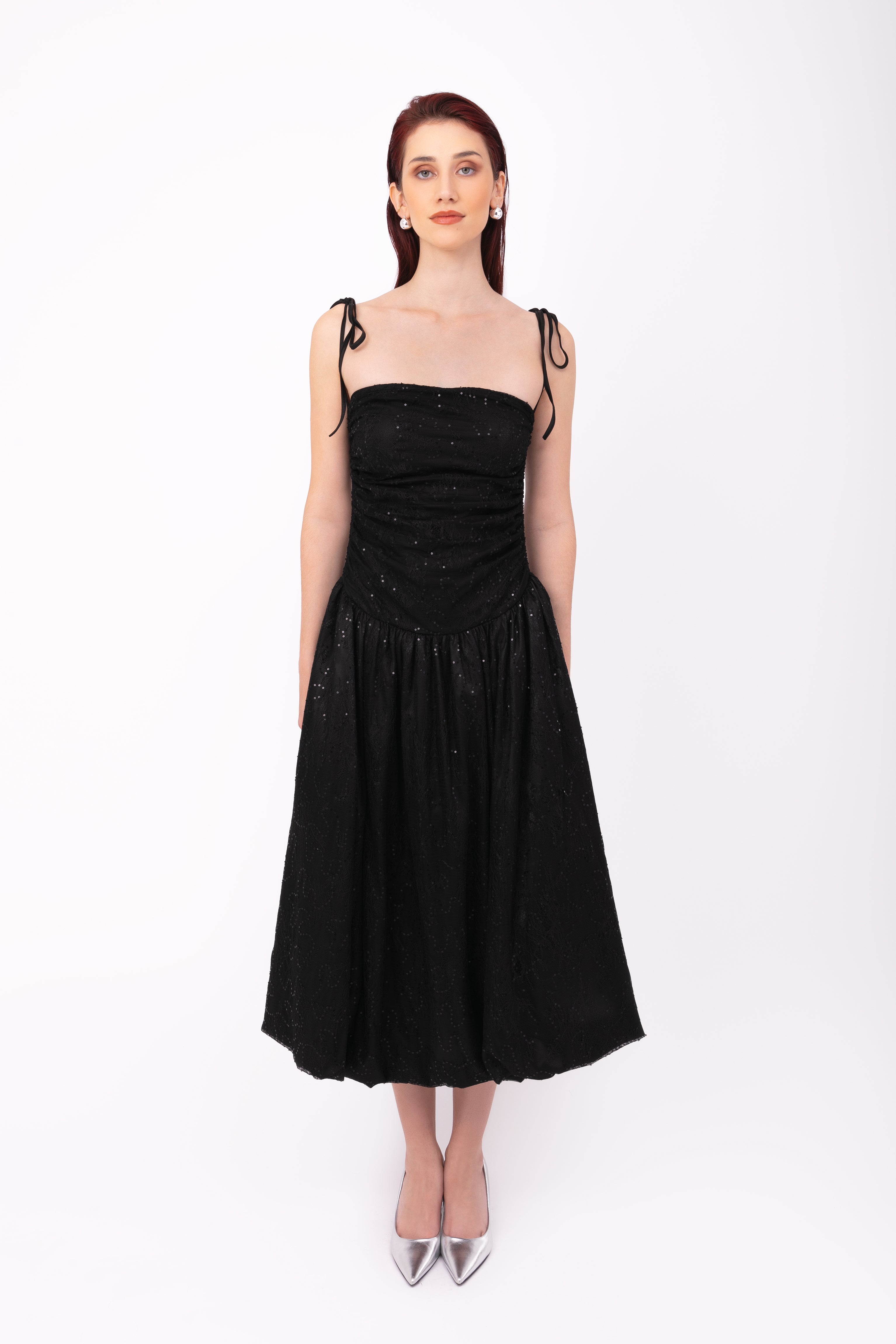 Alexa Black Lace Sequin Puffball Dress