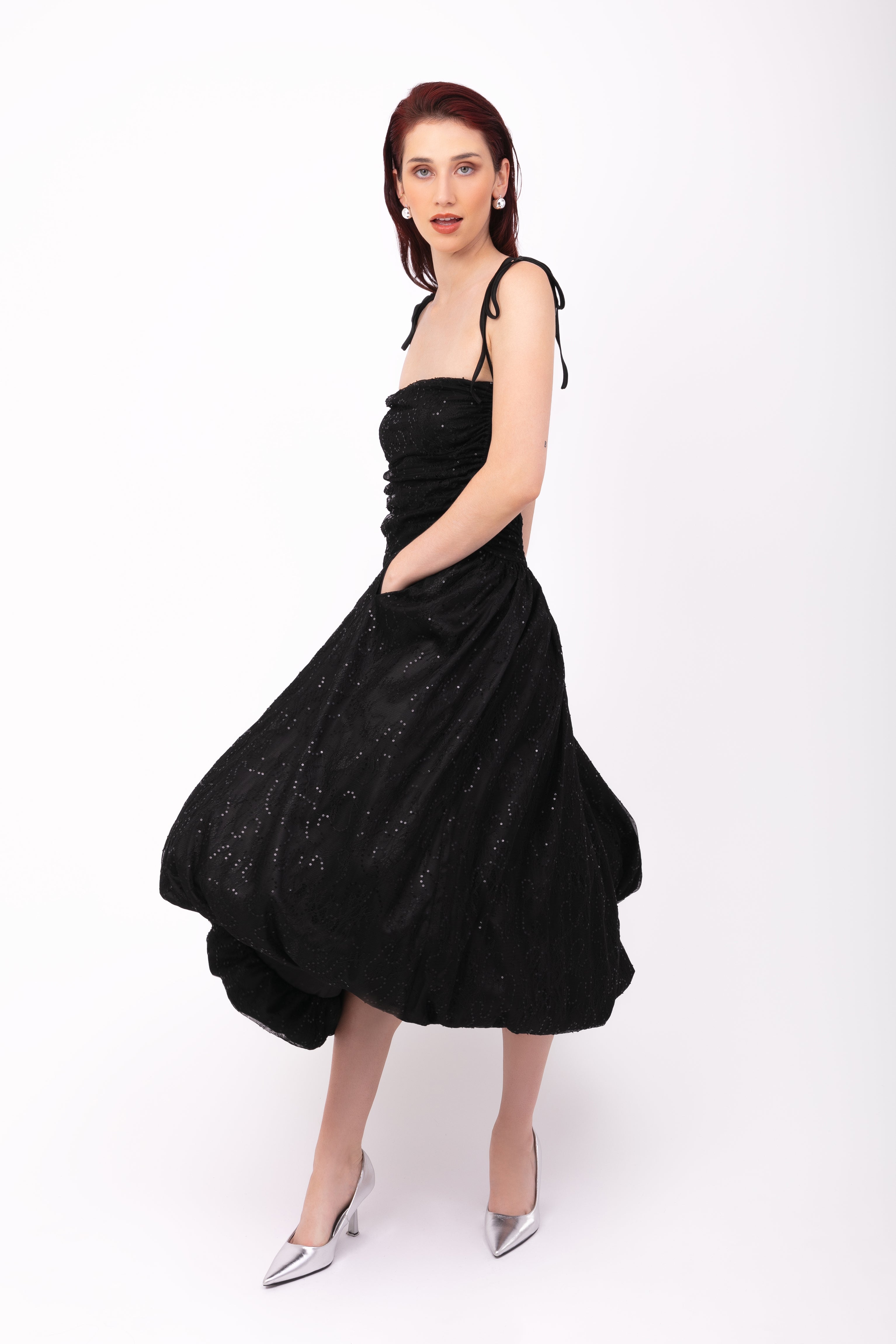 Alexa Black Lace Sequin Puffball Dress