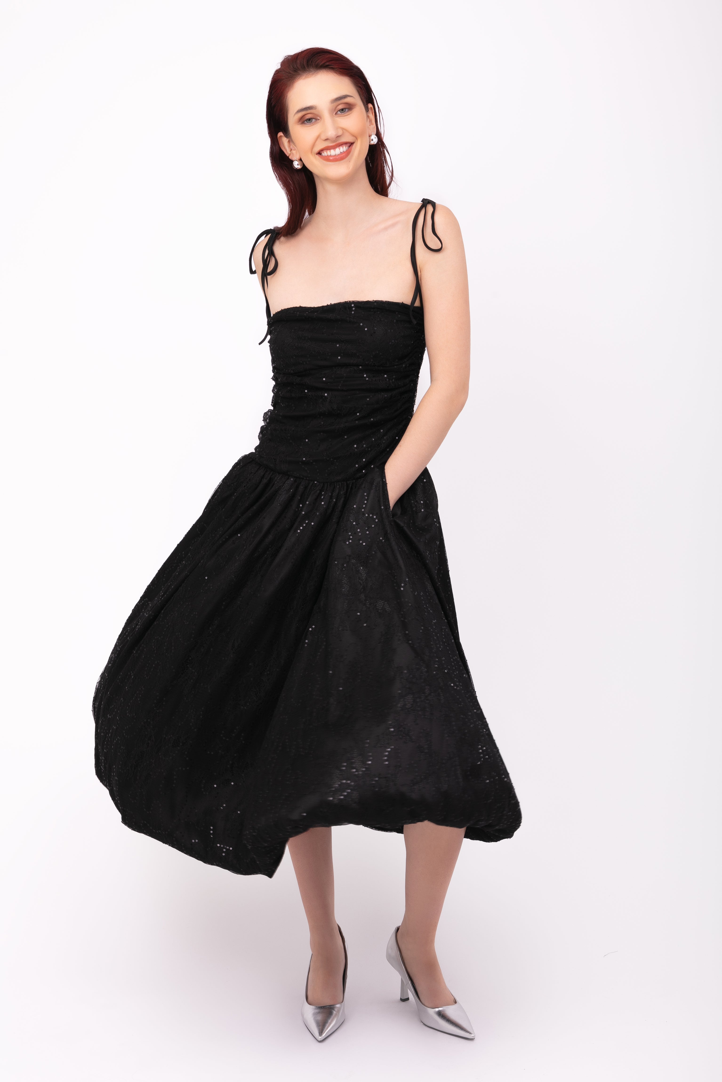 Alexa Black Lace Sequin Puffball Dress