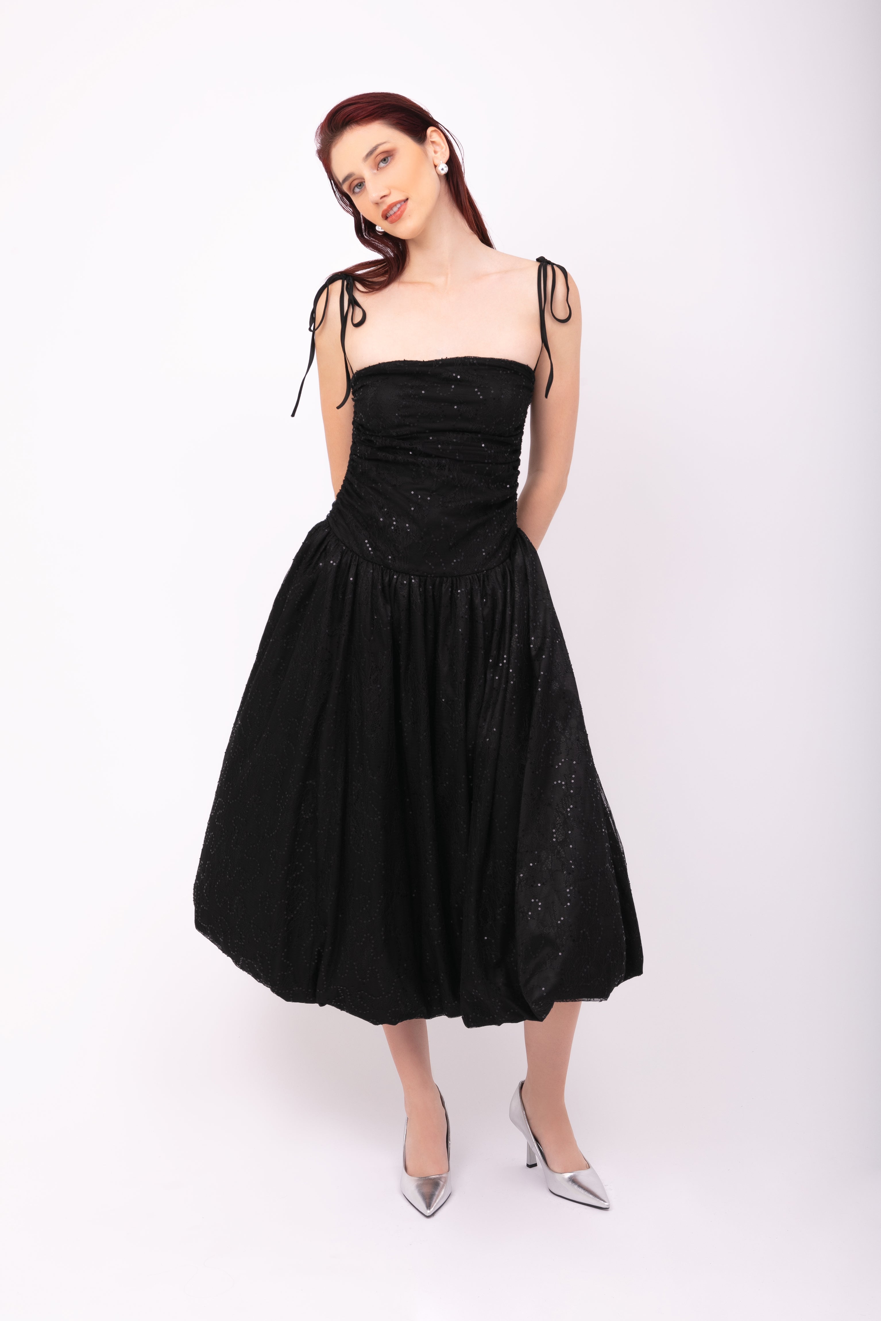 Alexa Black Lace Sequin Puffball Dress