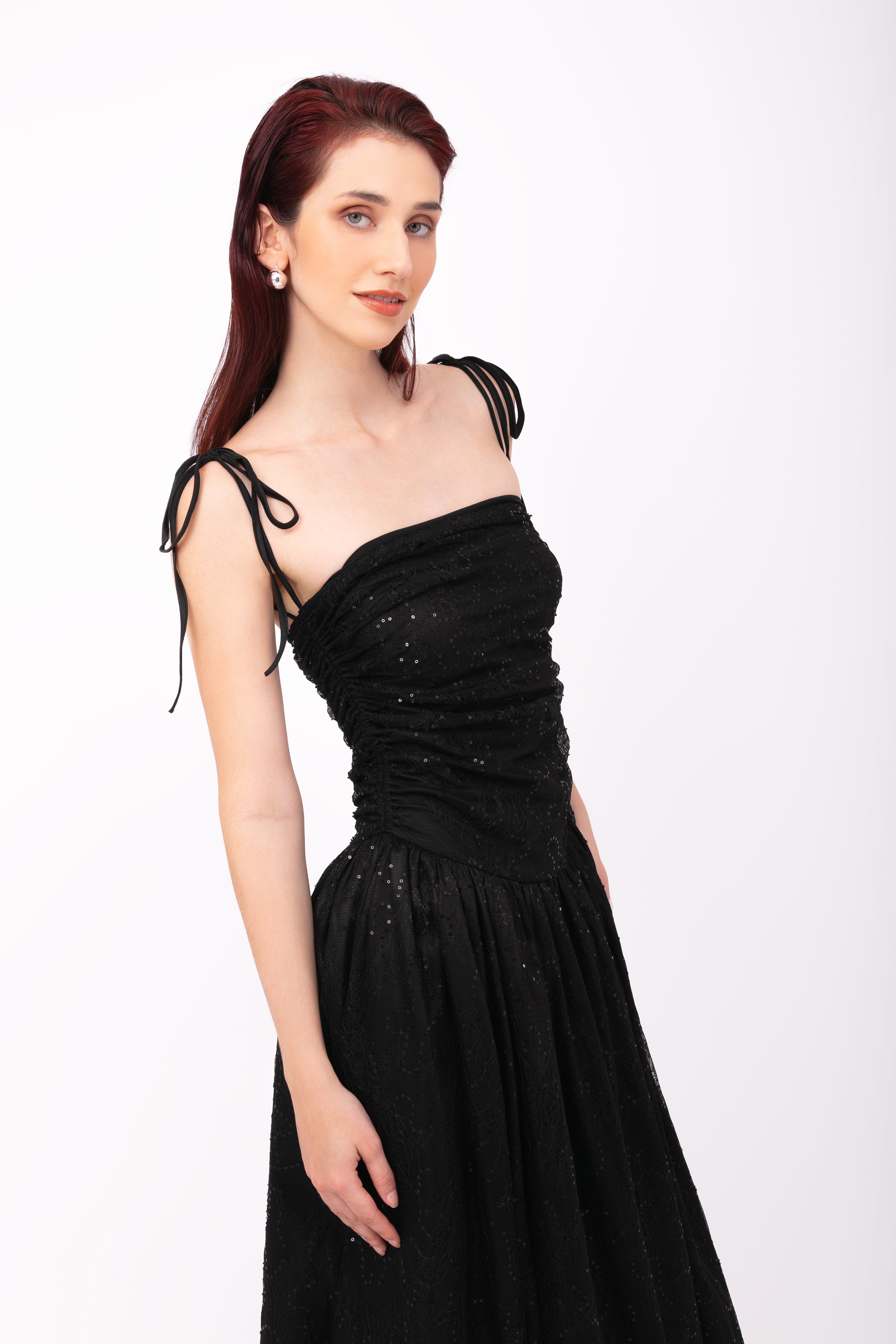 Alexa Black Lace Sequin Puffball Dress