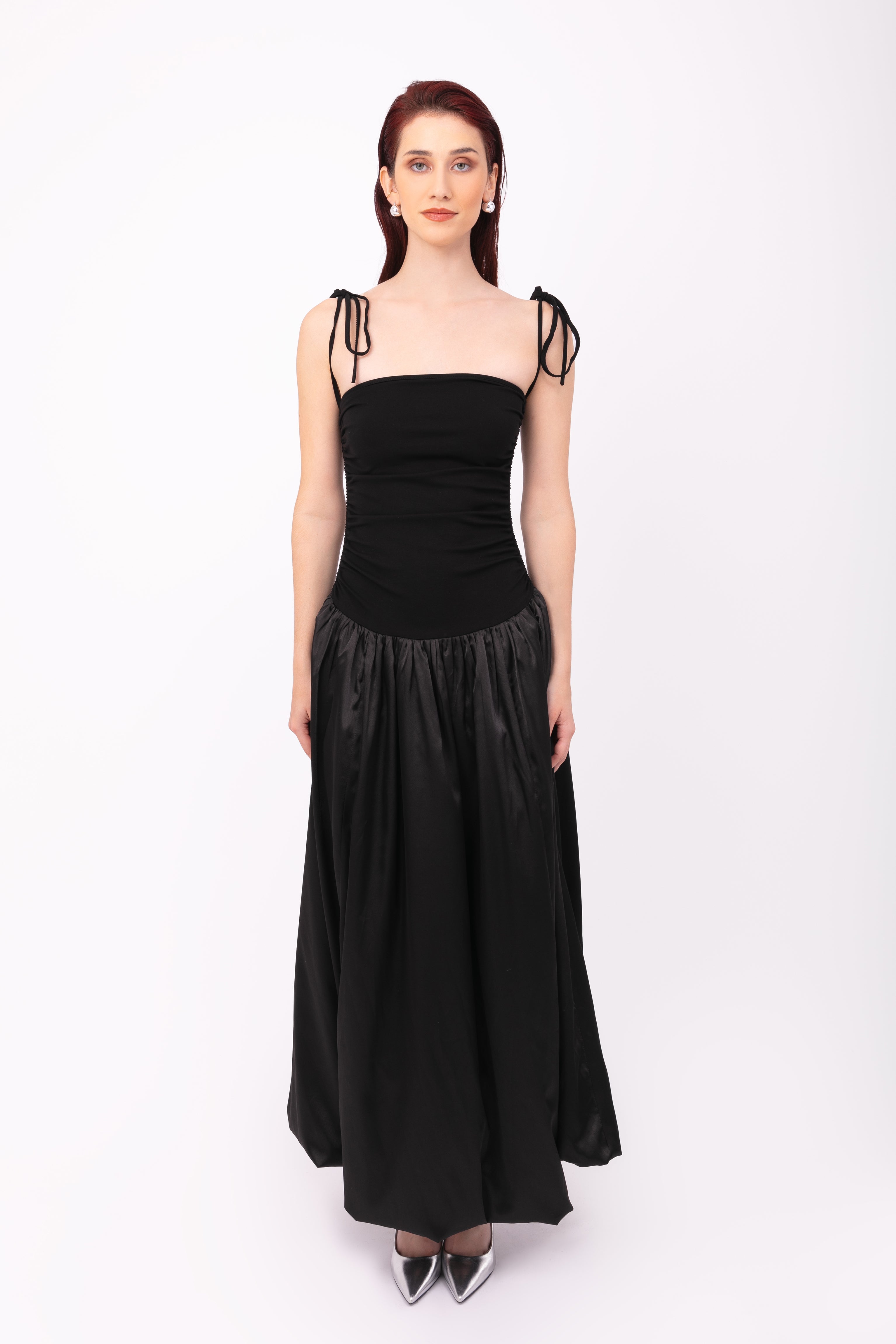 Alexa Black Satin Puffball Maxi Dress