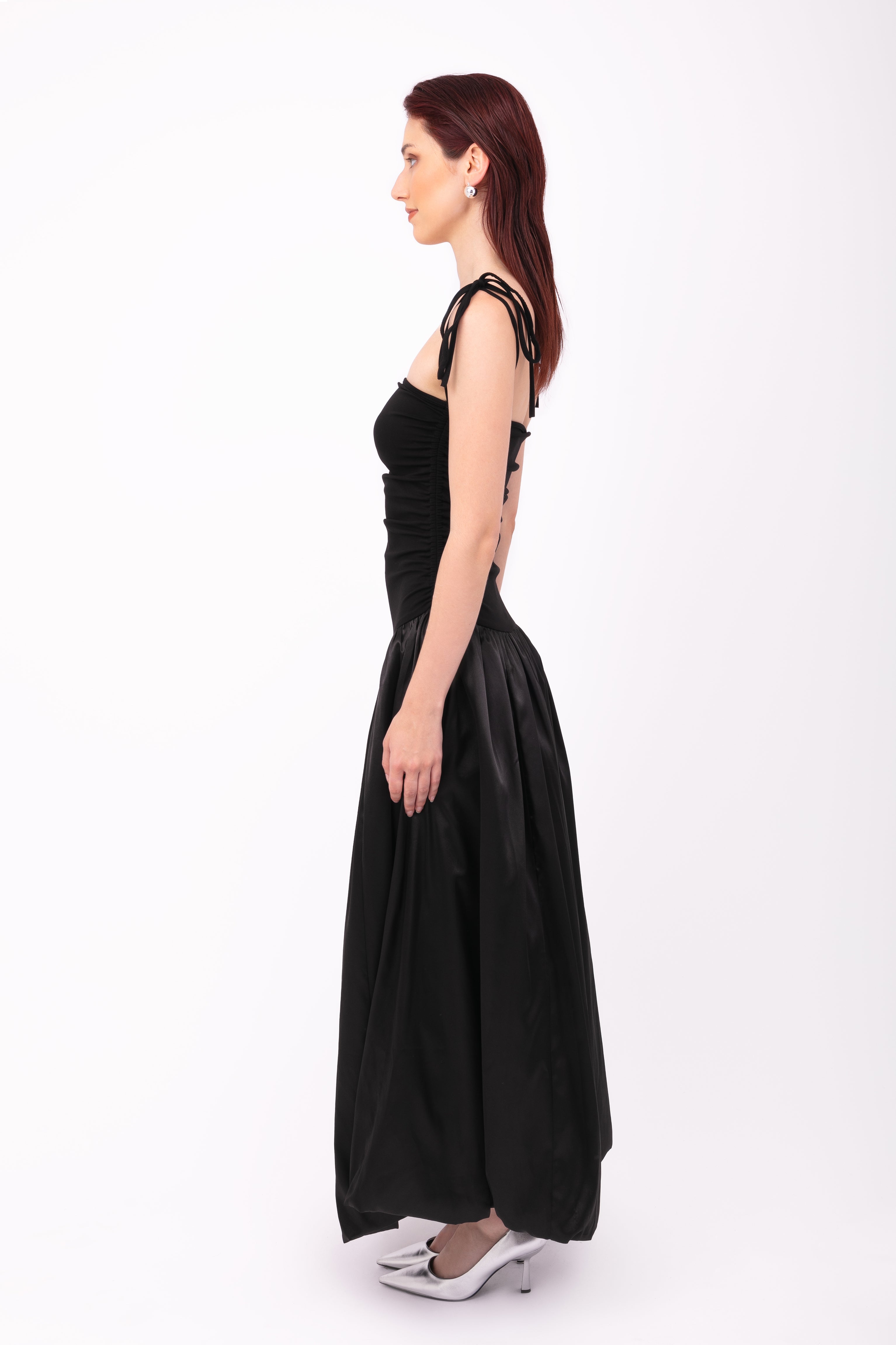 Alexa Black Satin Puffball Maxi Dress