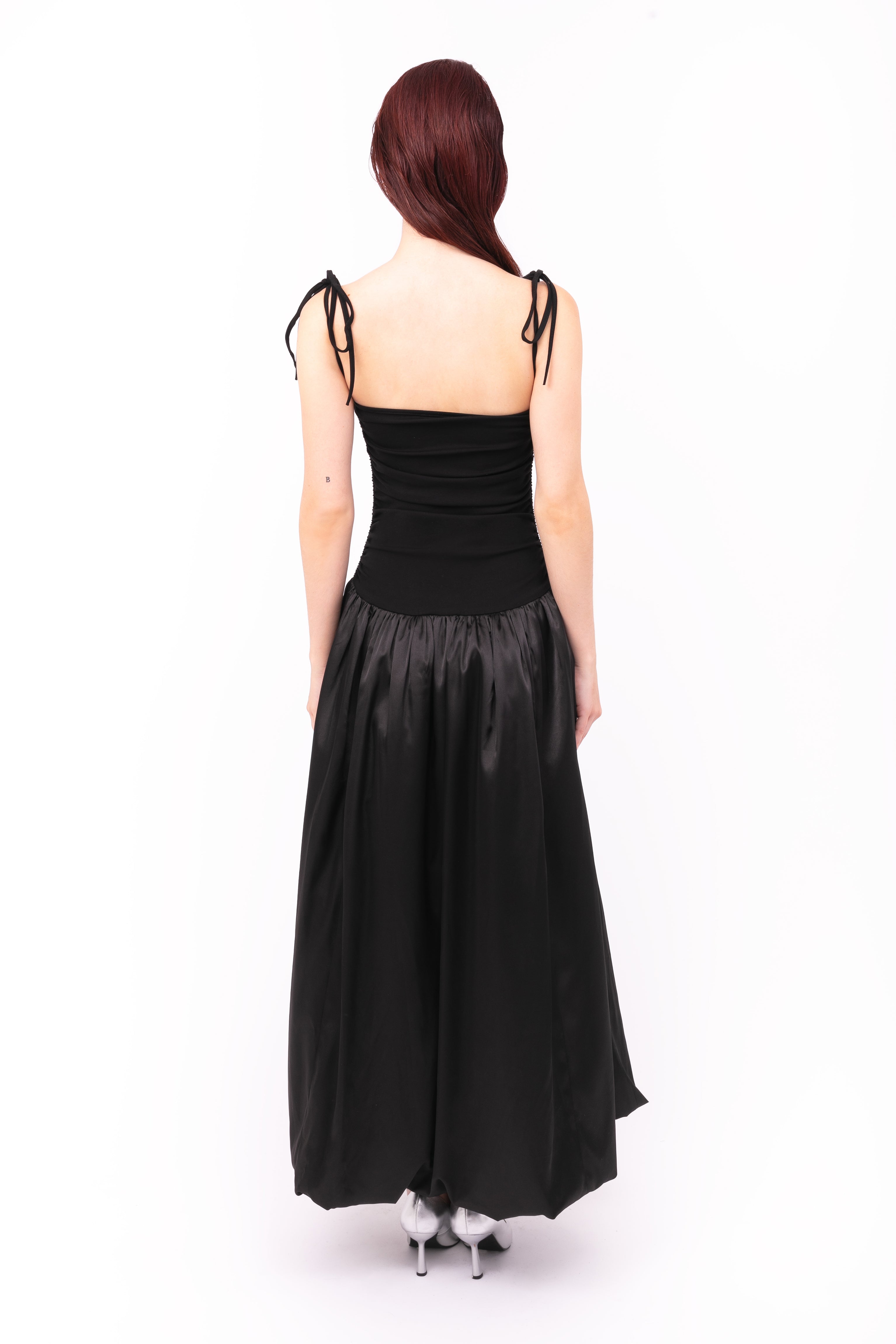 Alexa Black Satin Puffball Maxi Dress