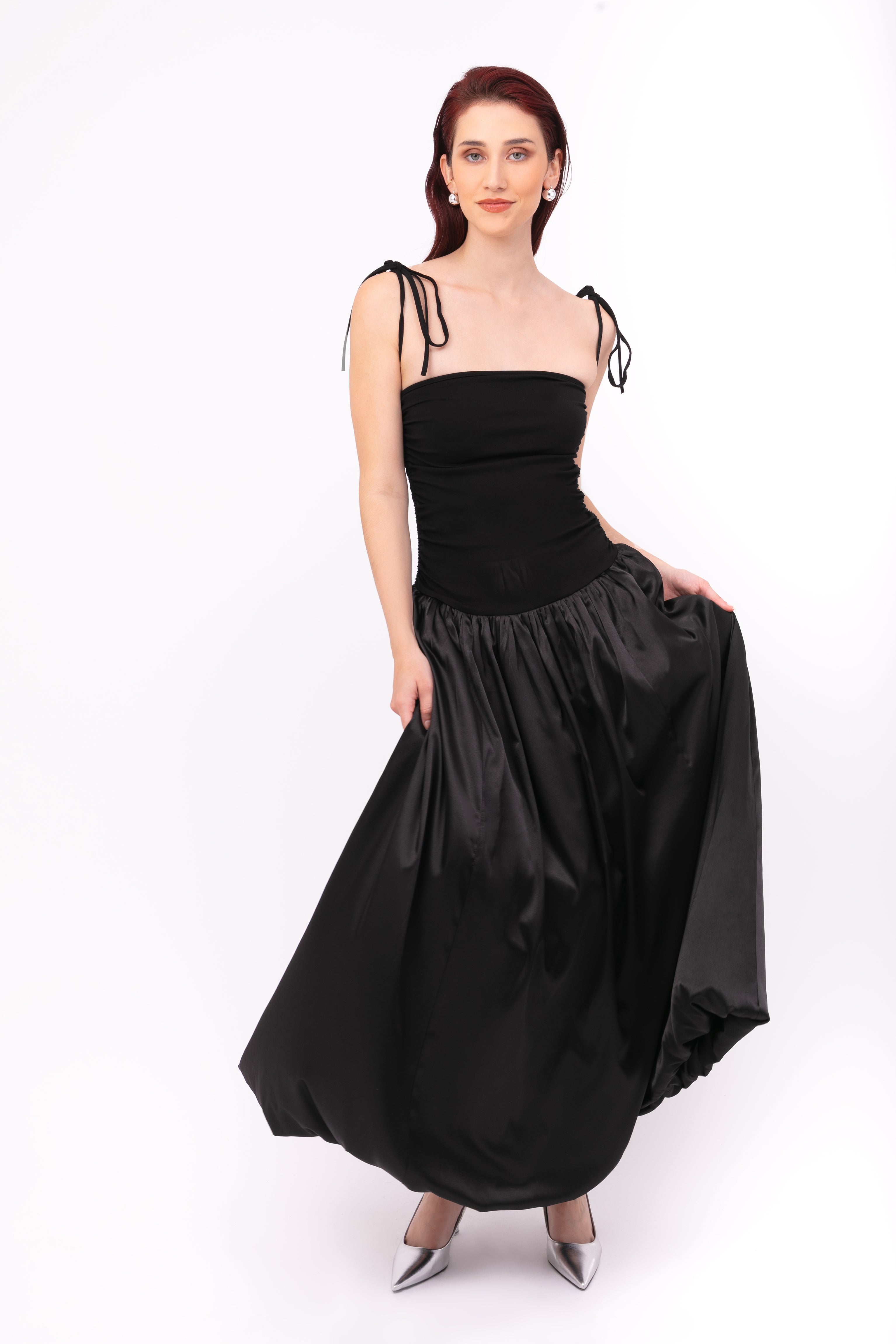 Alexa Black Satin Puffball Maxi Dress