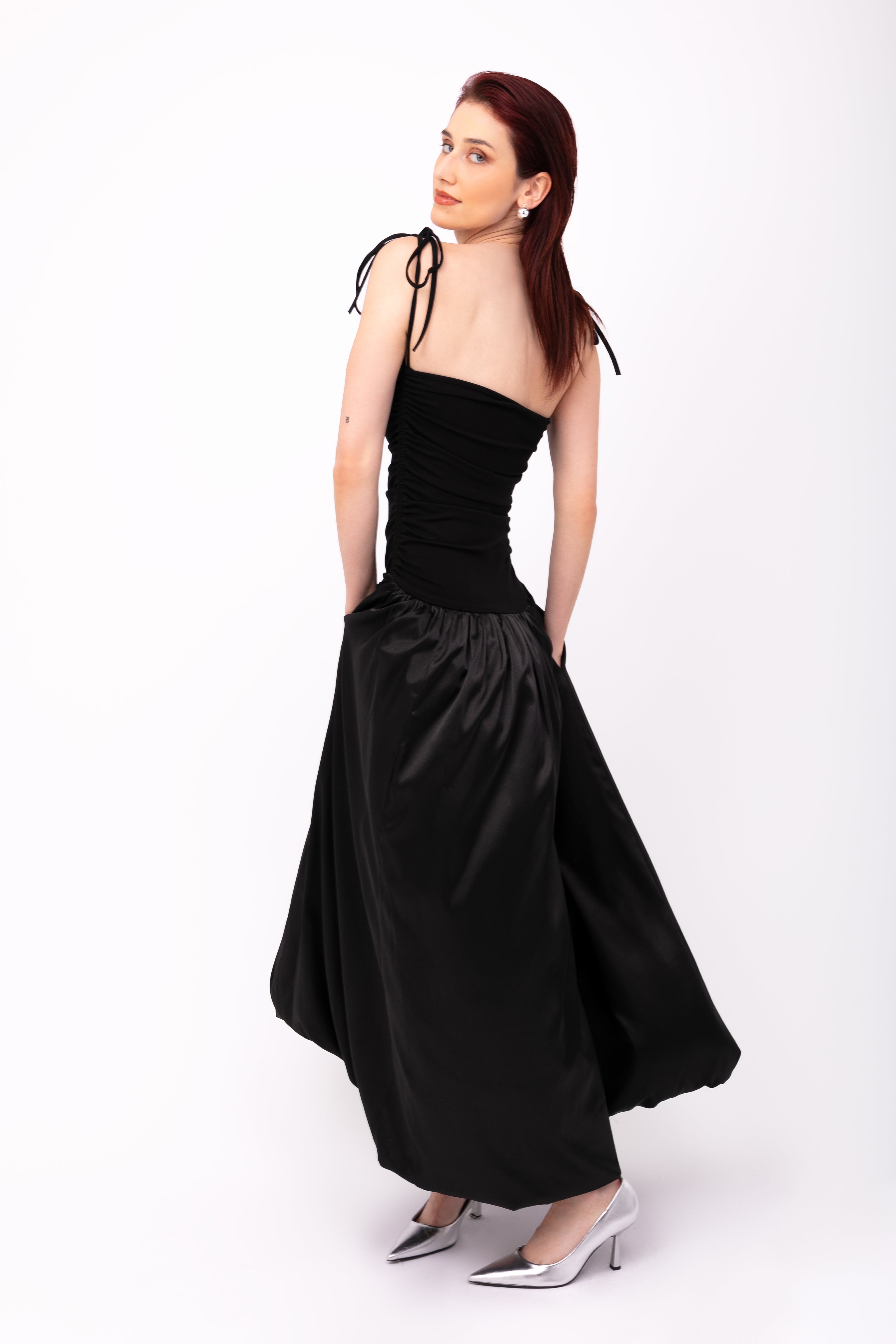 Alexa Black Satin Puffball Maxi Dress