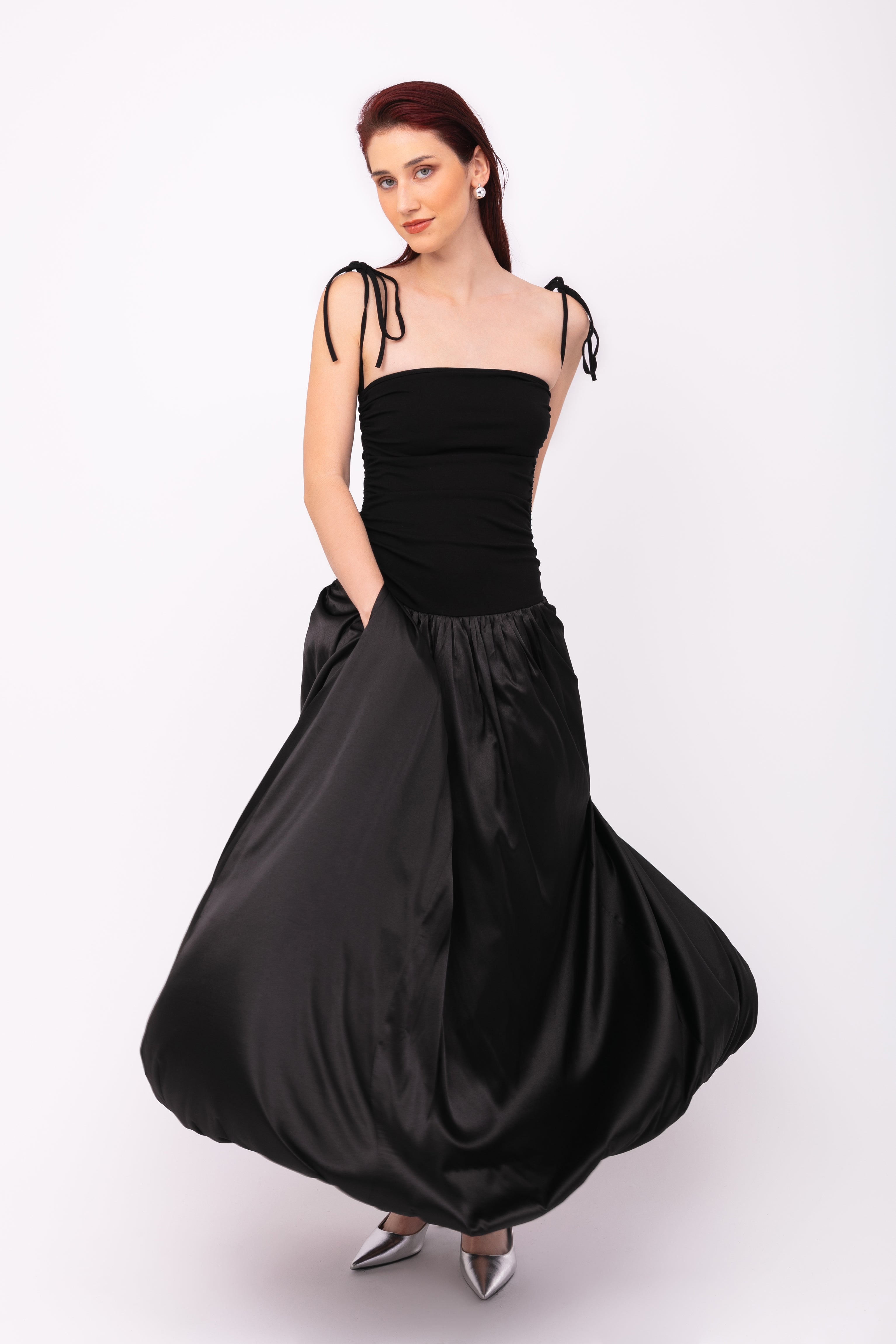 Alexa Black Satin Puffball Maxi Dress