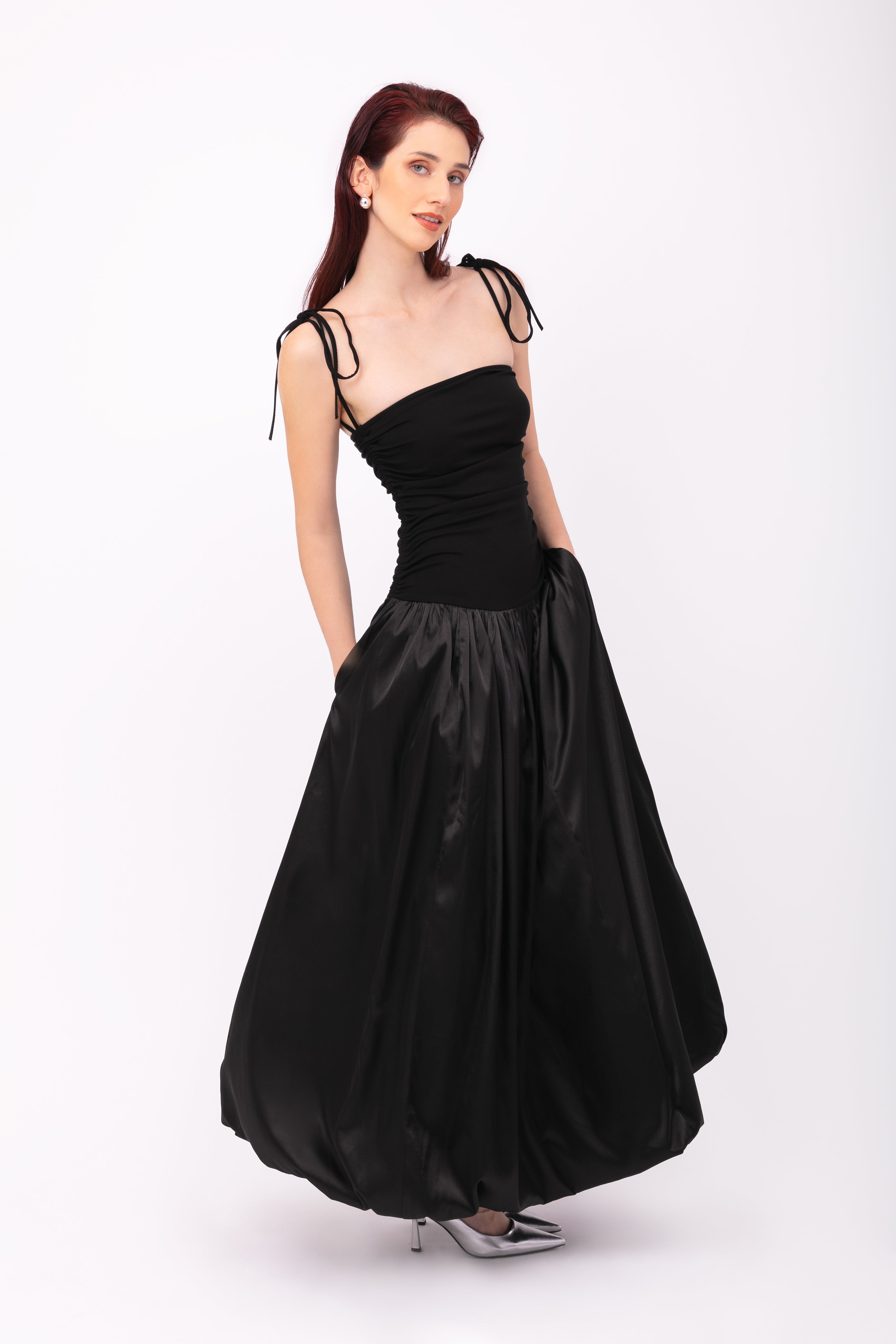 Alexa Black Satin Puffball Maxi Dress