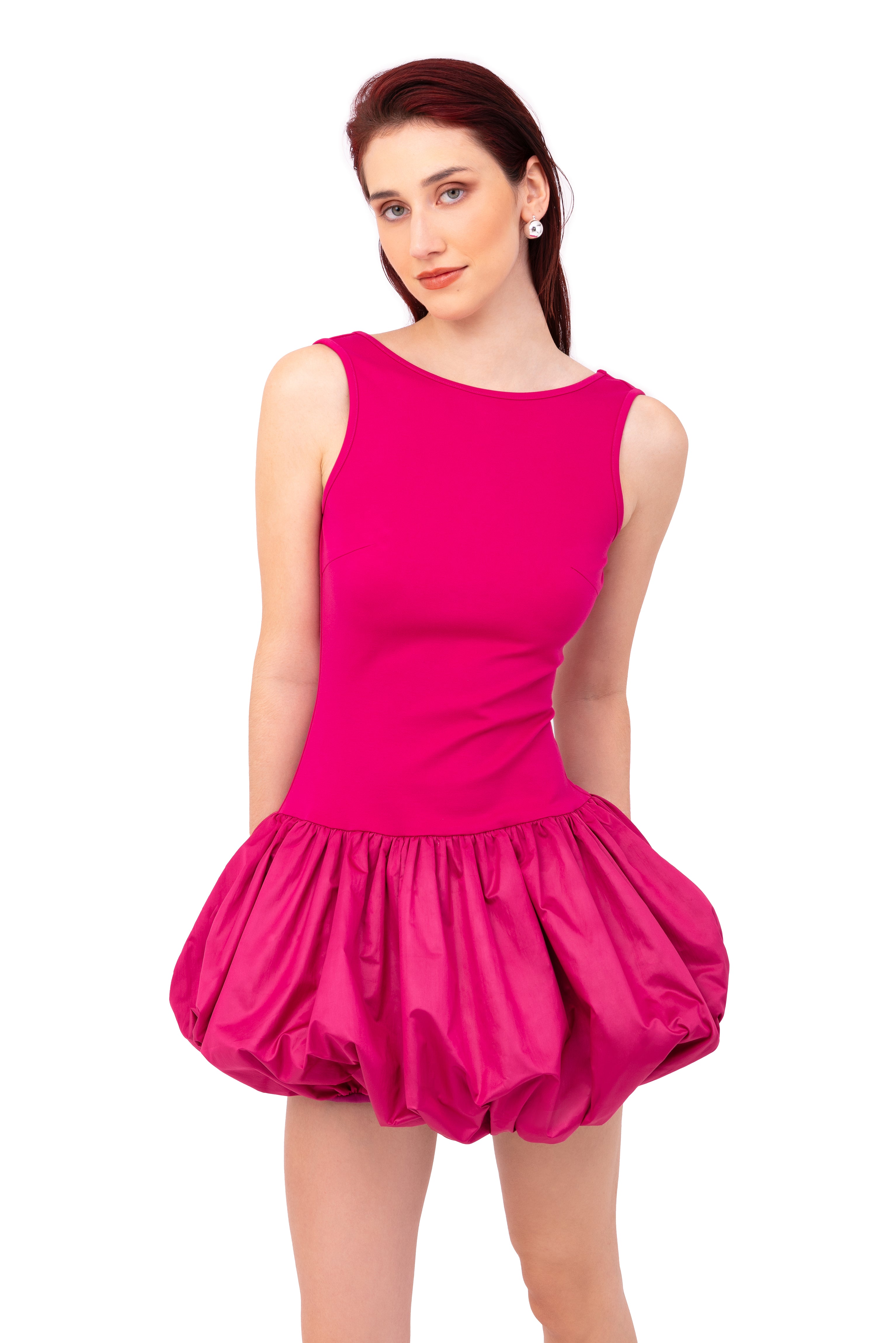 Ciara Magenta Scoopback Puffball Ultra Mini Dress