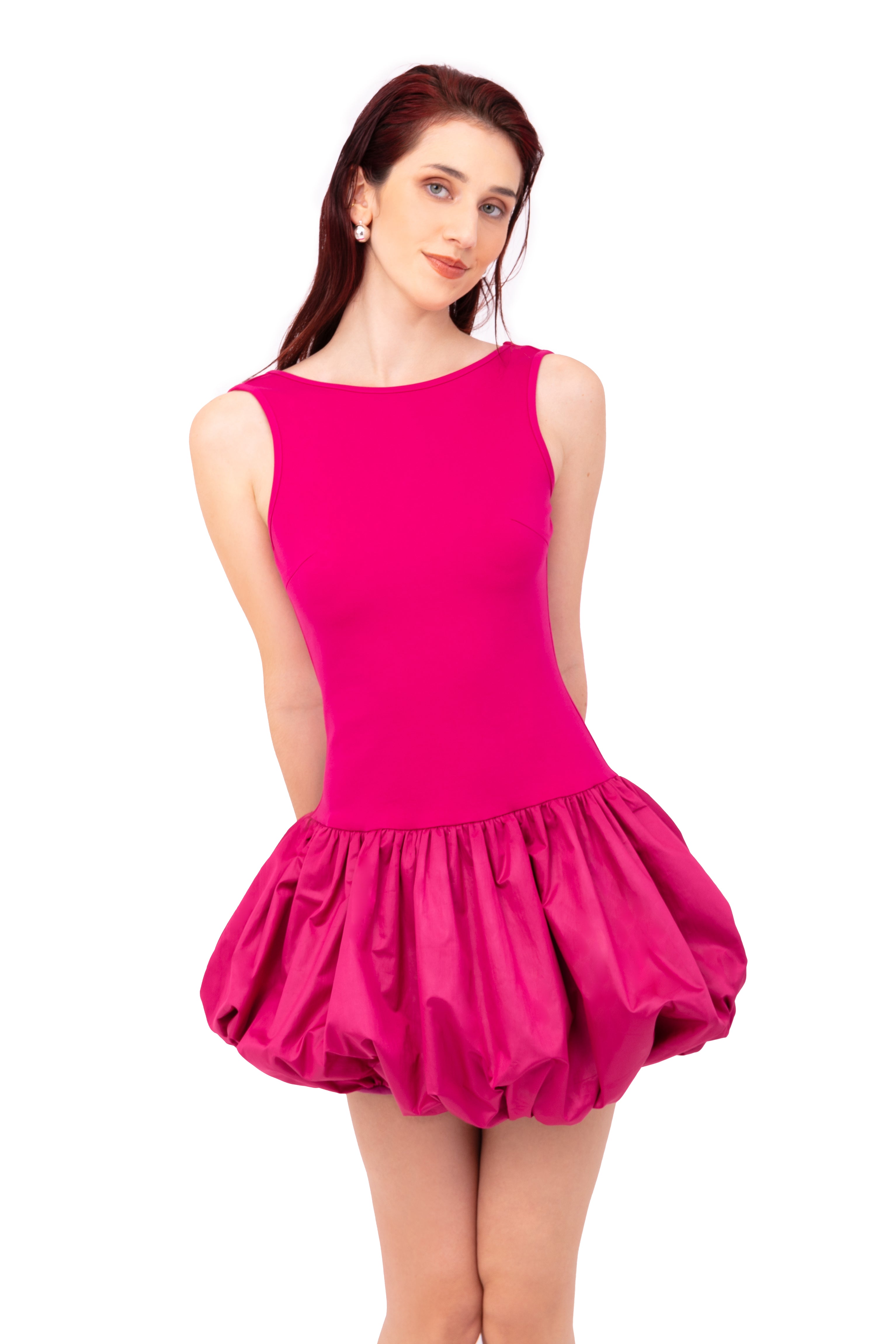 Ciara Magenta Scoopback Puffball Ultra Mini Dress