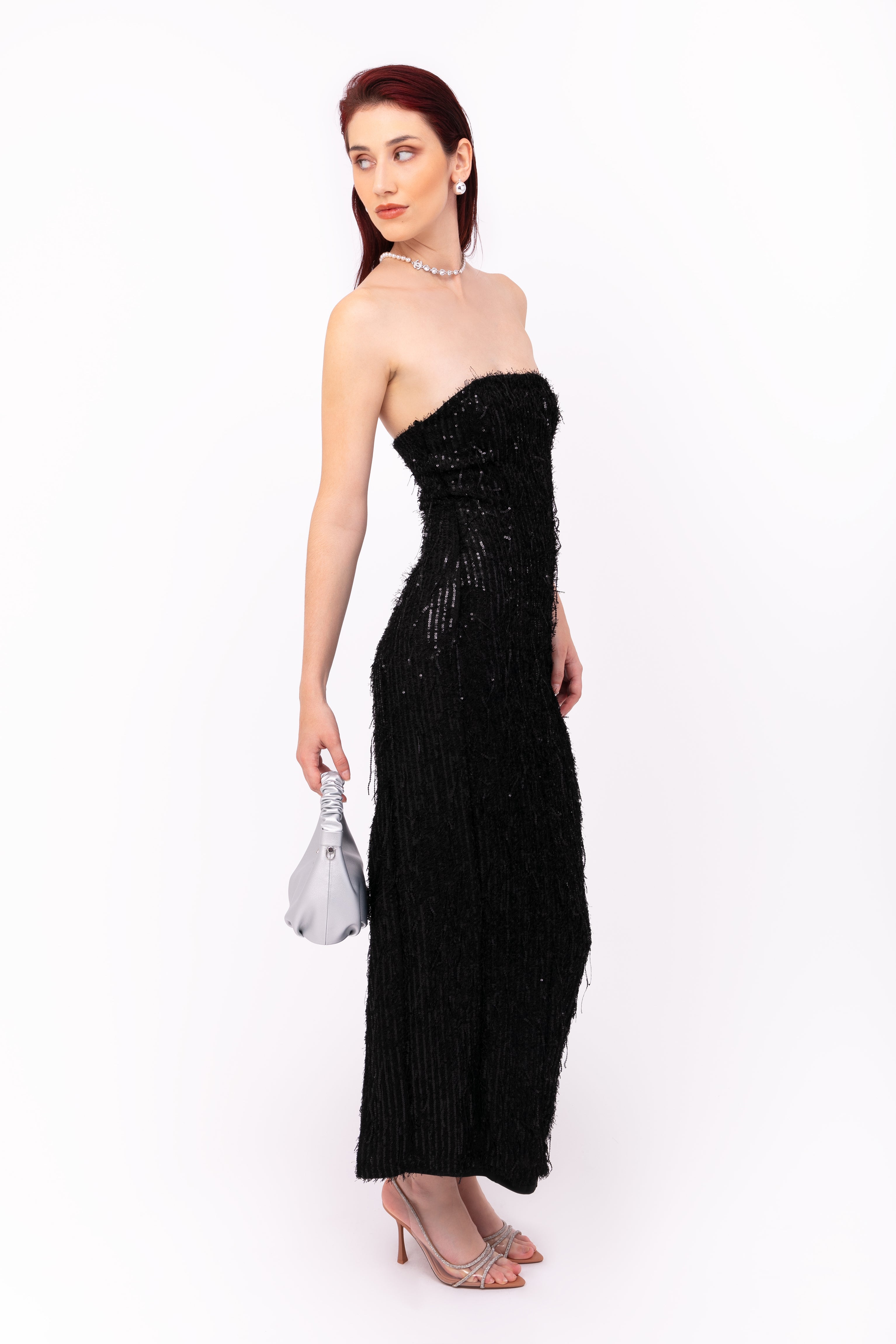 Uma Black Fringe Sequin Maxi Dress