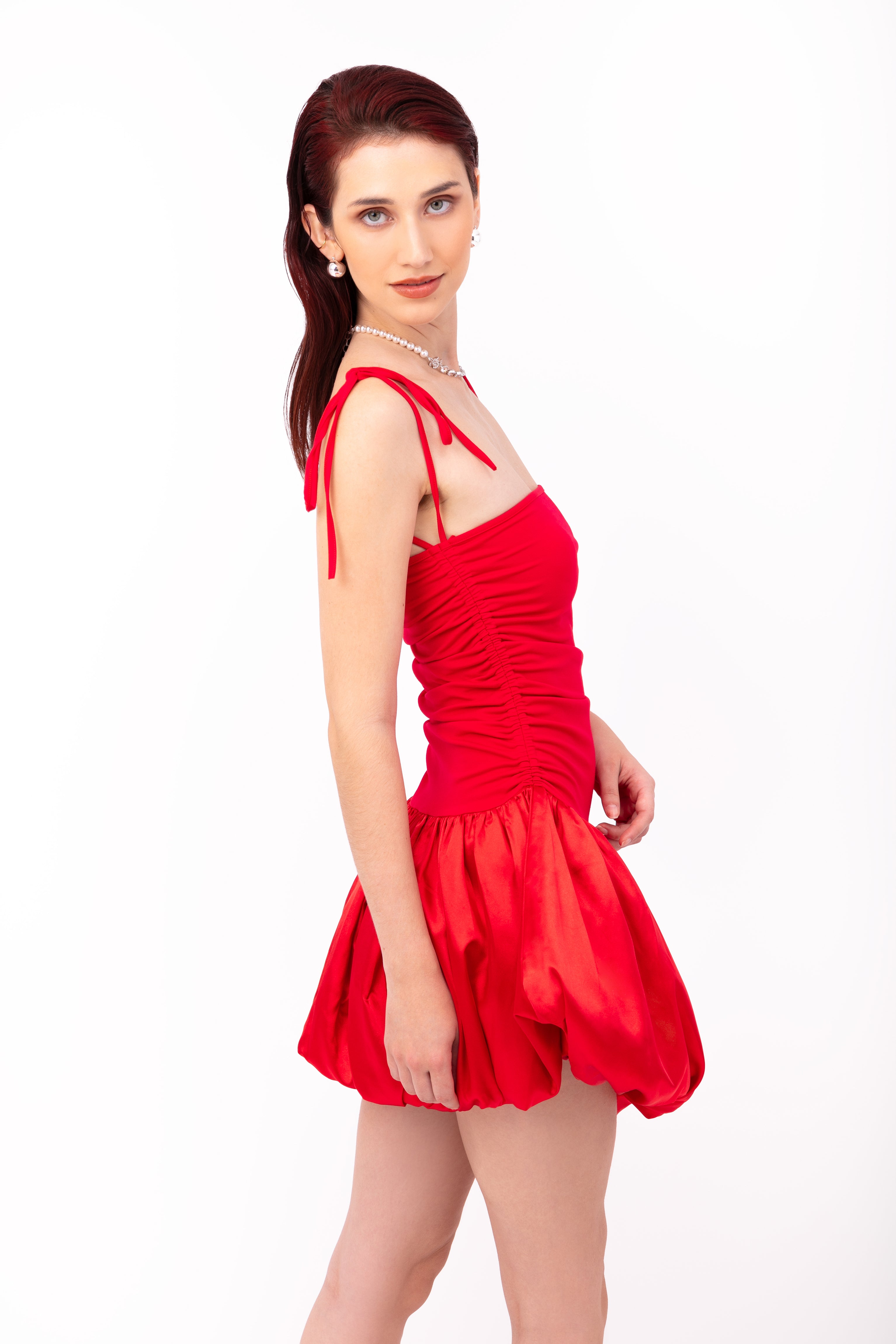 Alexa Red Satin Puffball Ultra Mini Dress