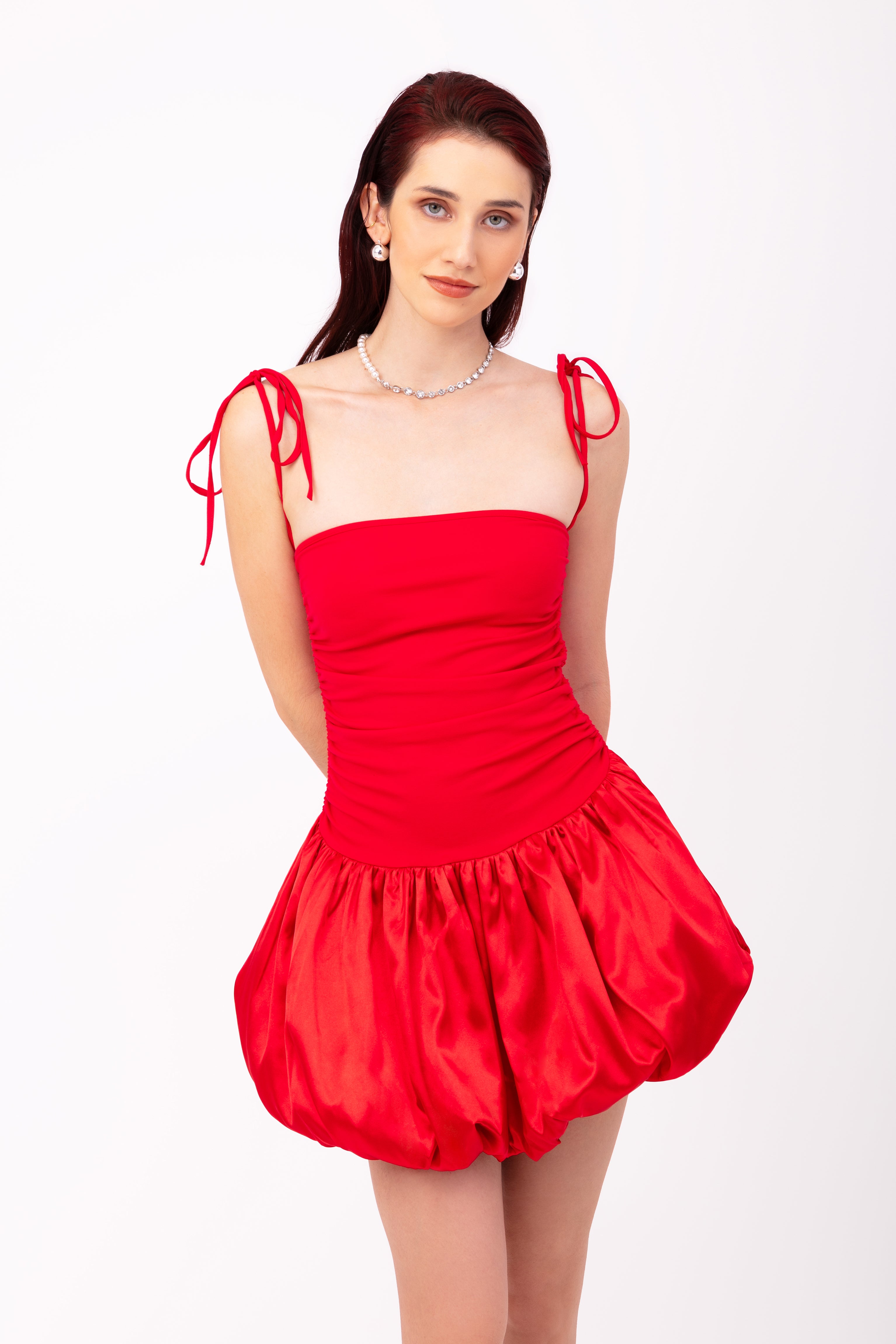 Alexa Red Satin Puffball Ultra Mini Dress