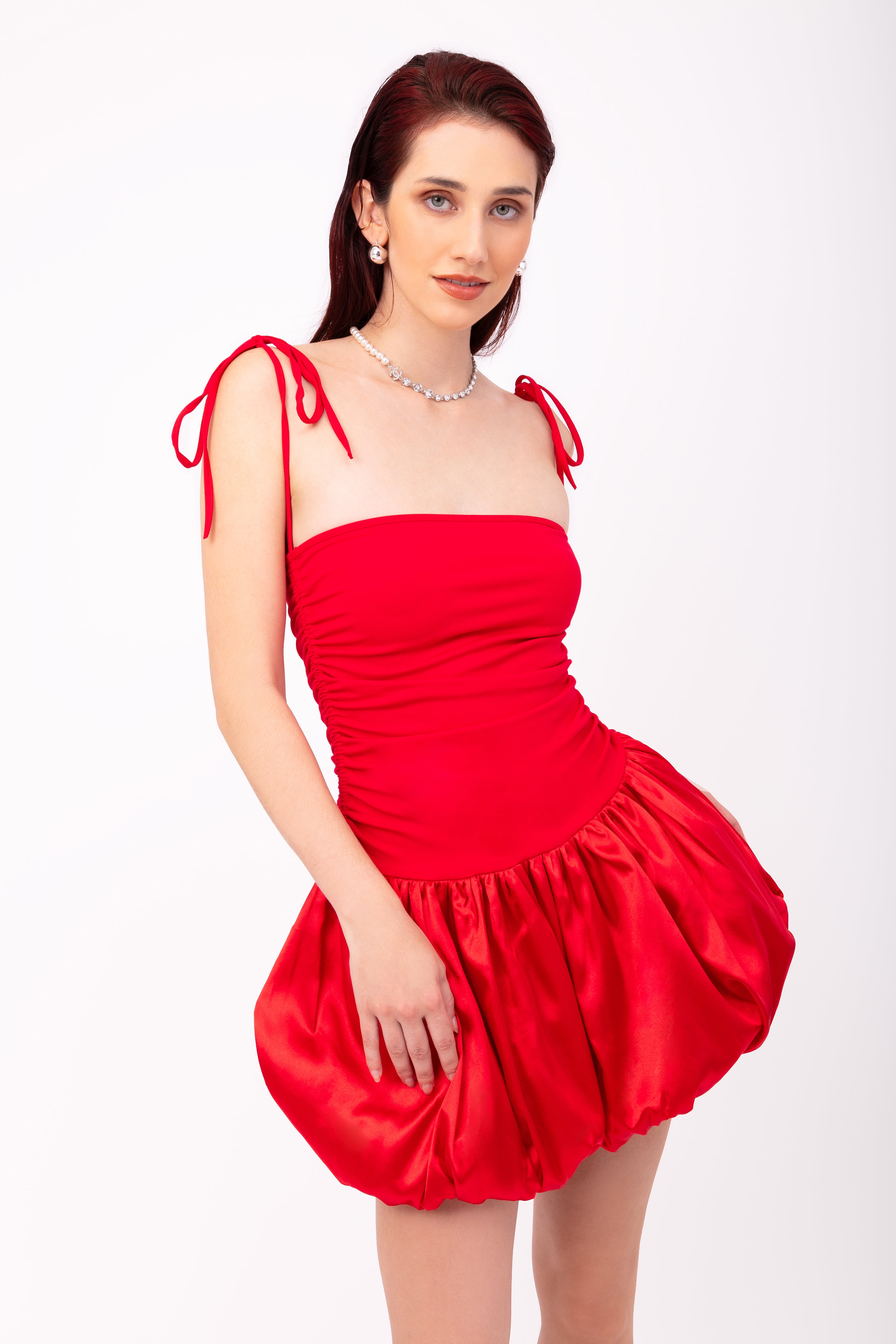 Alexa Red Satin Puffball Ultra Mini Dress