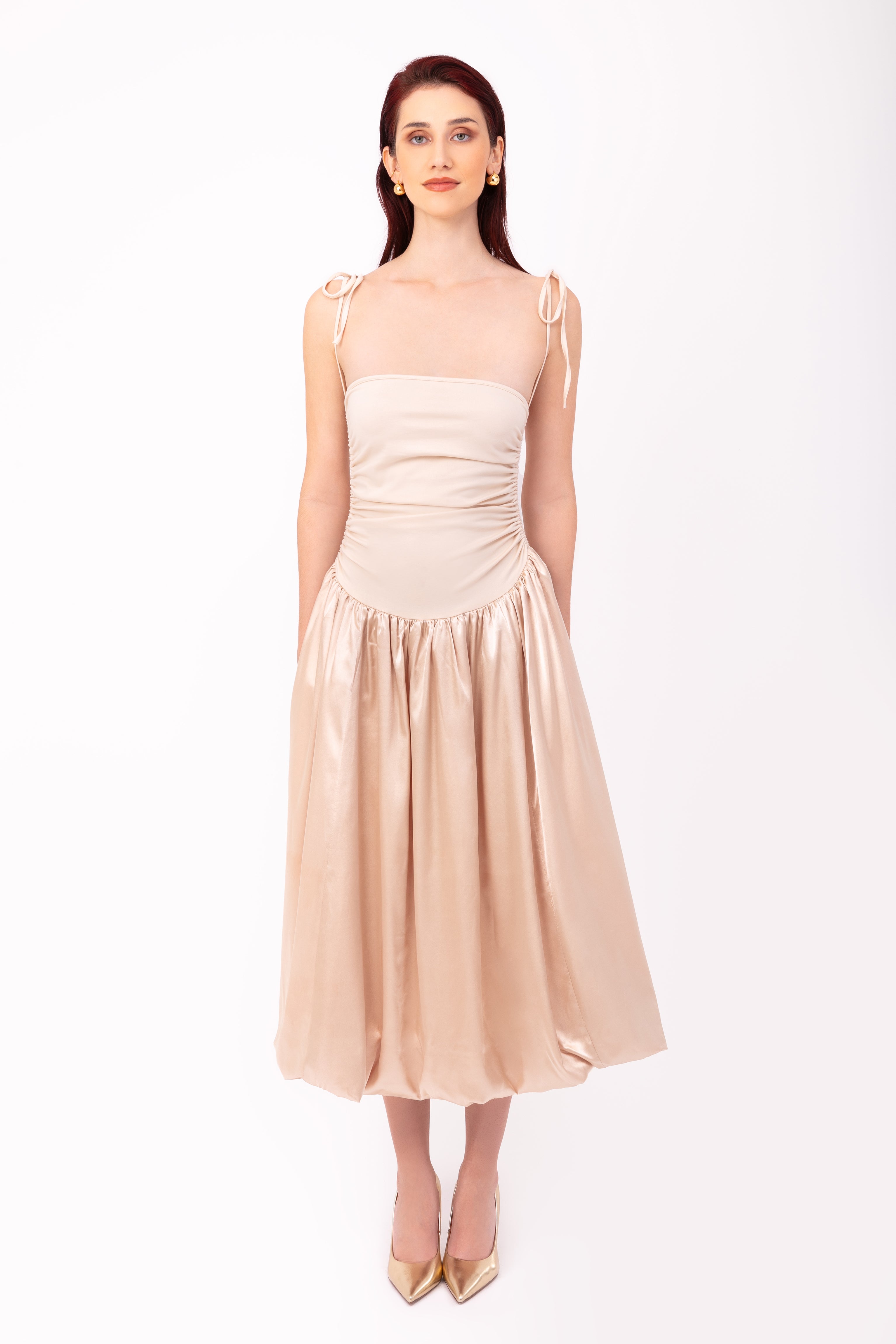 Alexa Champagne Satin Puffball Dress