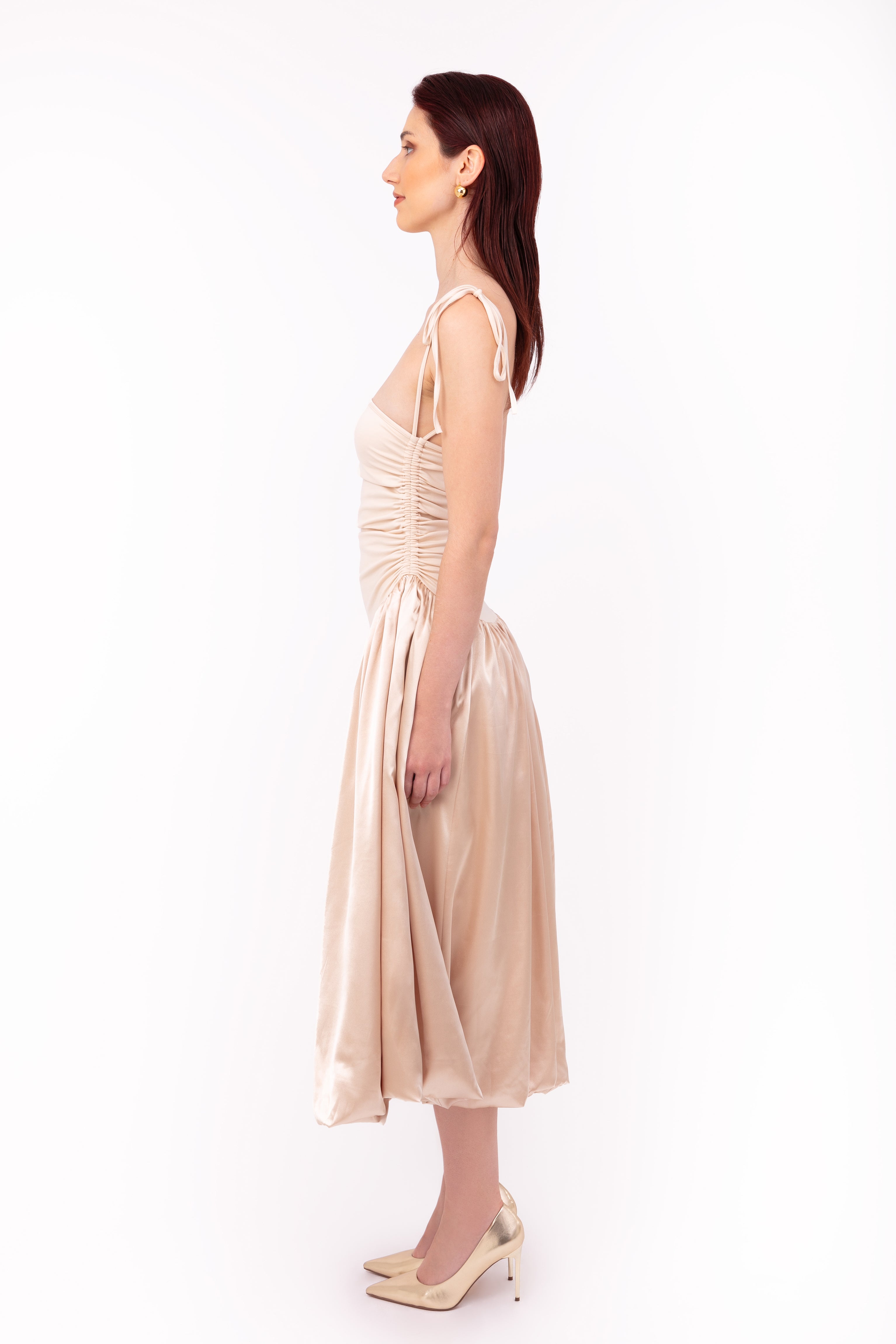 Alexa Champagne Satin Puffball Dress