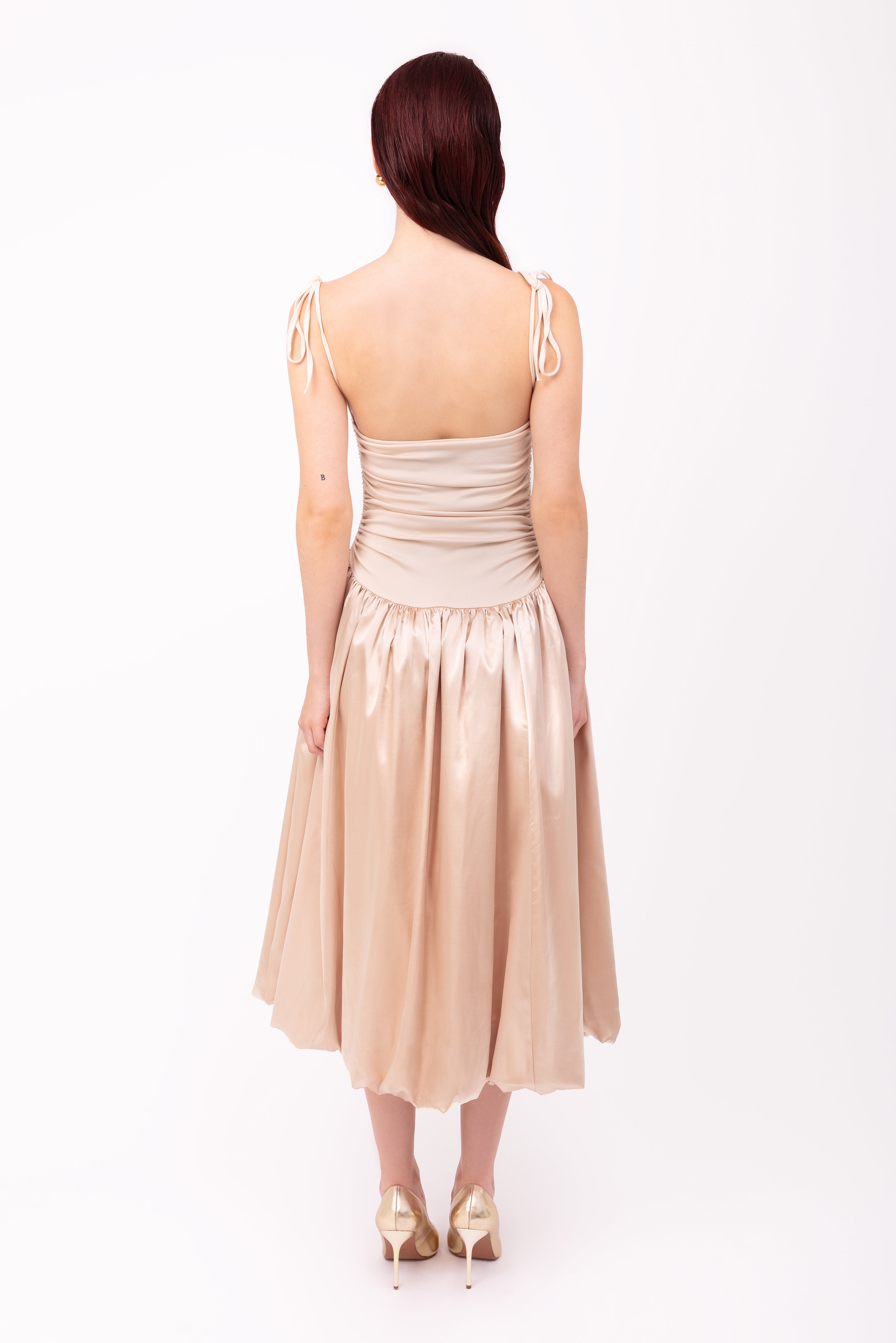 Alexa Champagne Satin Puffball Dress