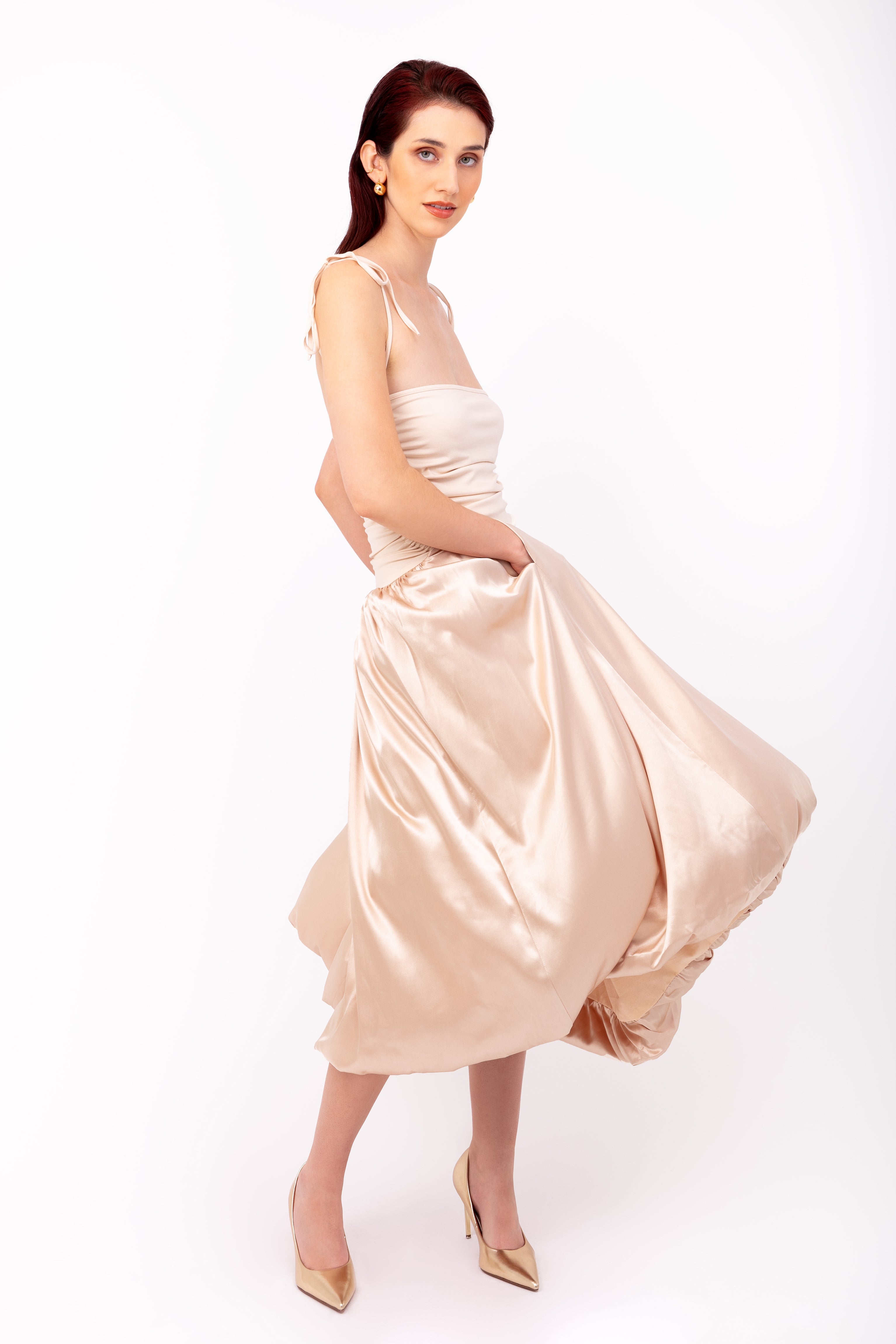 Alexa Champagne Satin Puffball Dress