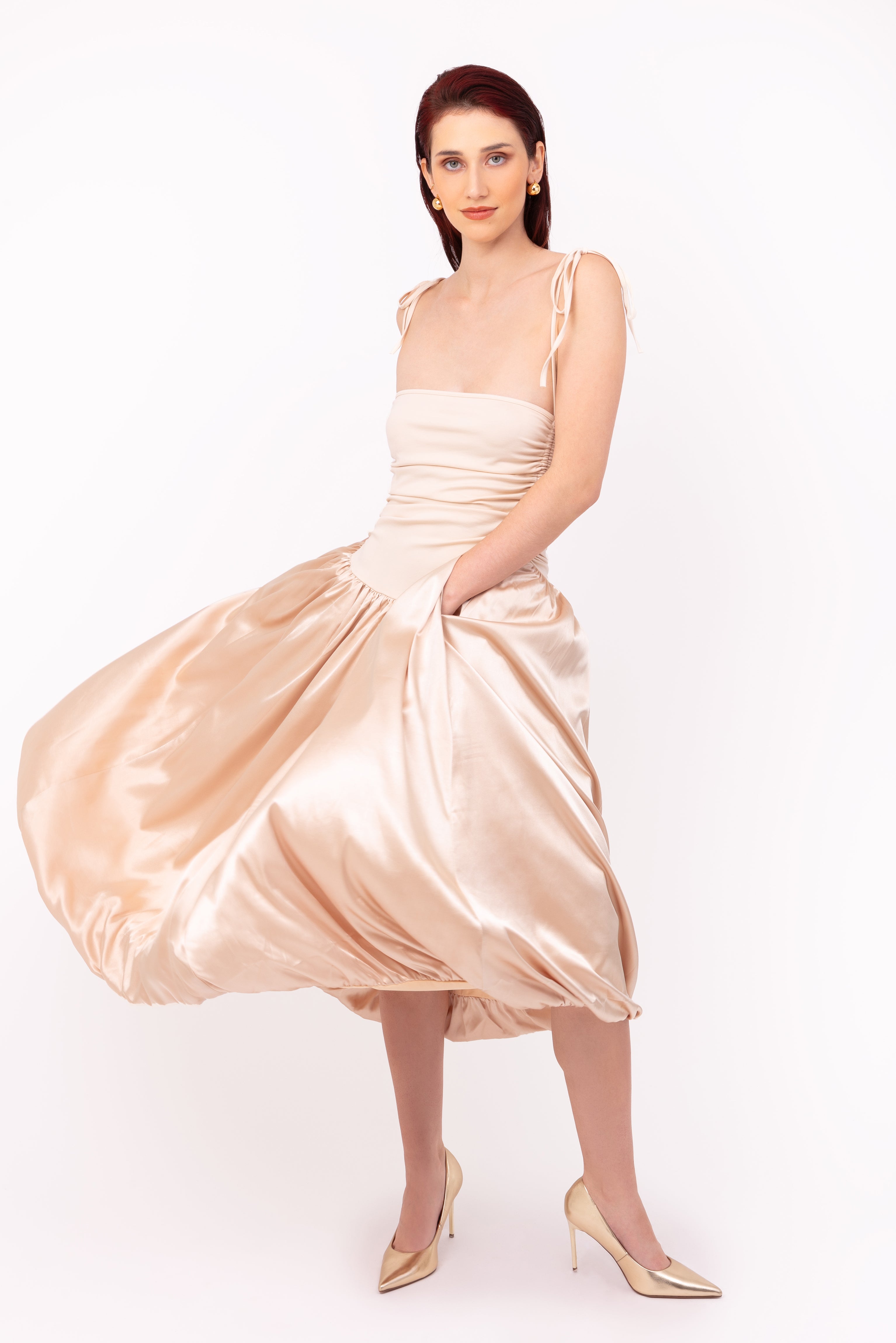 Alexa Champagne Satin Puffball Dress