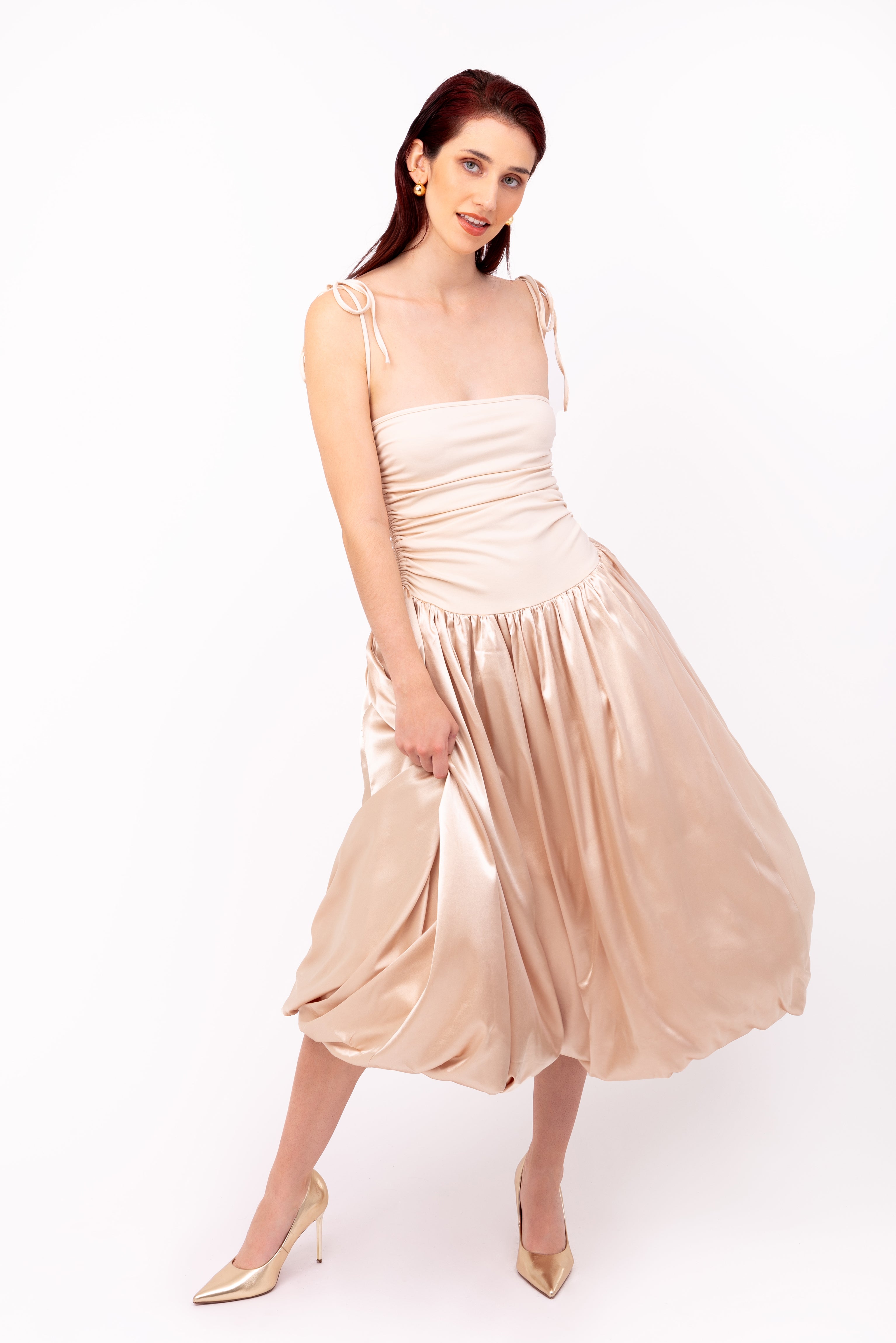 Alexa Champagne Satin Puffball Dress